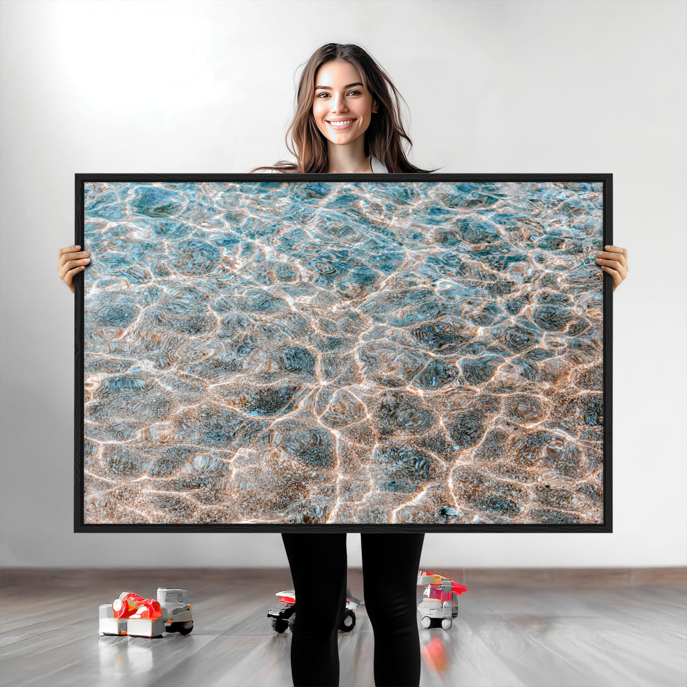 Close-up of sunlit ocean ripples with aqua blue and golden tones, ideal for modern coastal or minimalist home decor.
