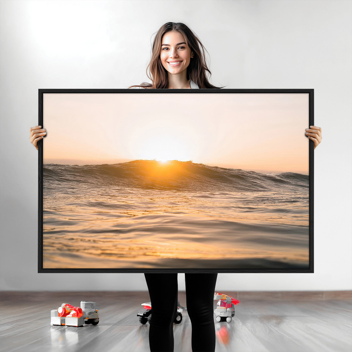 Ocean waves glowing under a warm golden sunset, reflecting soft light and calm movement, perfect for warm minimalist coastal interiors.