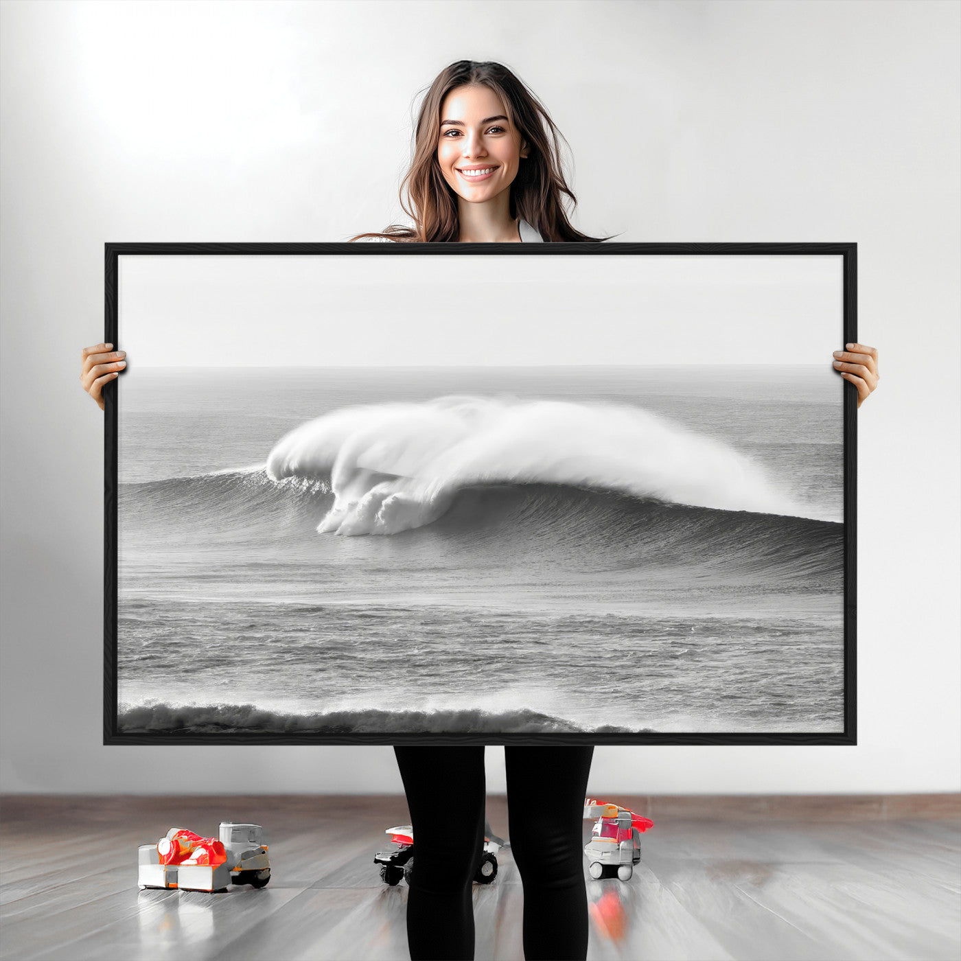 A dramatic black and white ocean wave crashing with immense force, capturing the raw power and movement of the sea in a bold seascape.