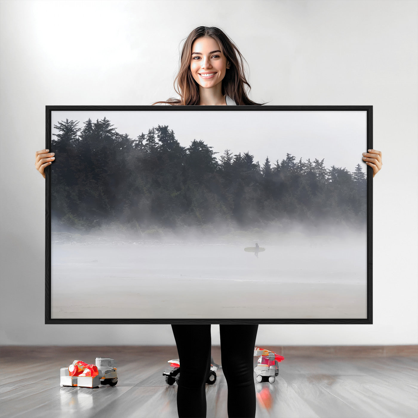 A lone surfer carrying a board through a misty shoreline, surrounded by dense trees and fog, creating a peaceful and mysterious coastal scene.