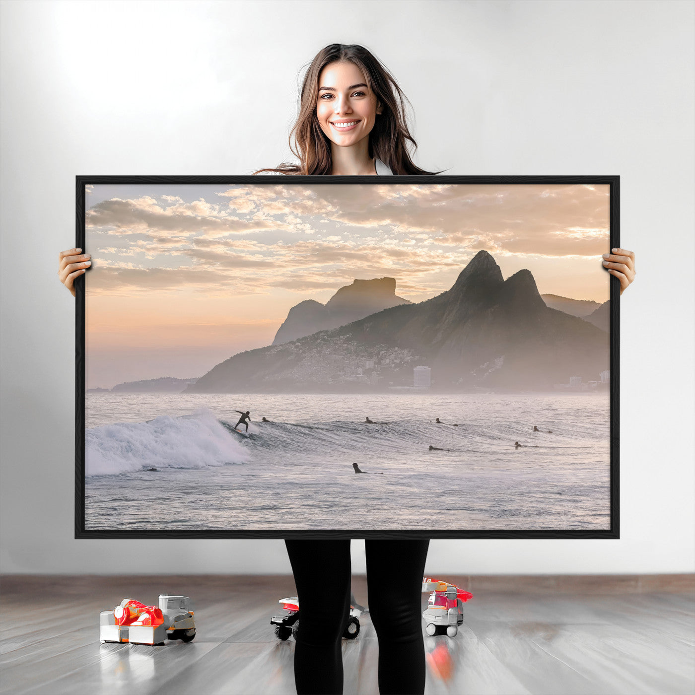 A surfer rides a golden hour wave near misty coastal mountains, surrounded by fellow surfers, capturing the spirit of a coastal adventure.