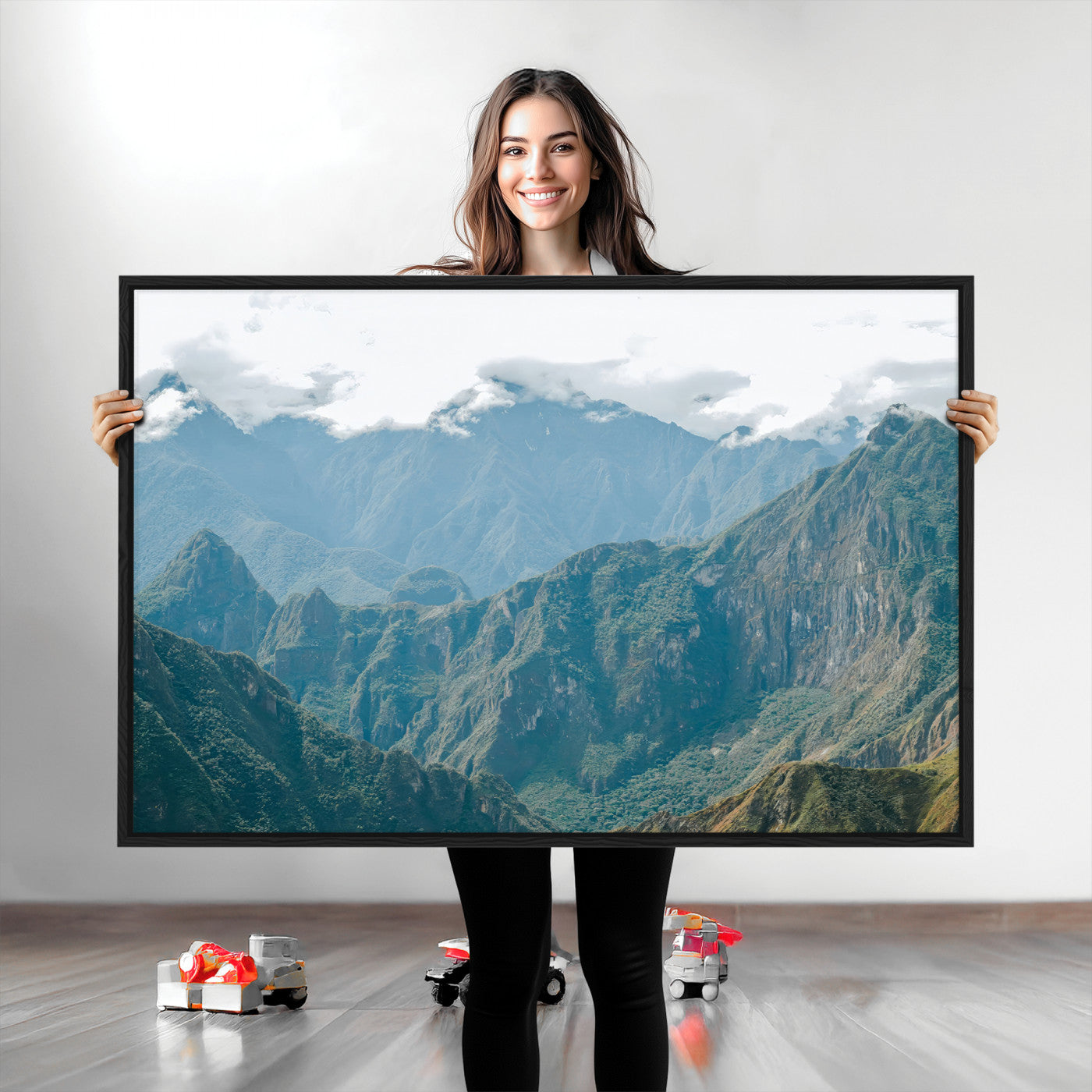 A misty mountain landscape with cloud-covered Andean peaks and lush green valleys, creating a dramatic and serene view, perfect for rustic or nature-inspired home decor.
