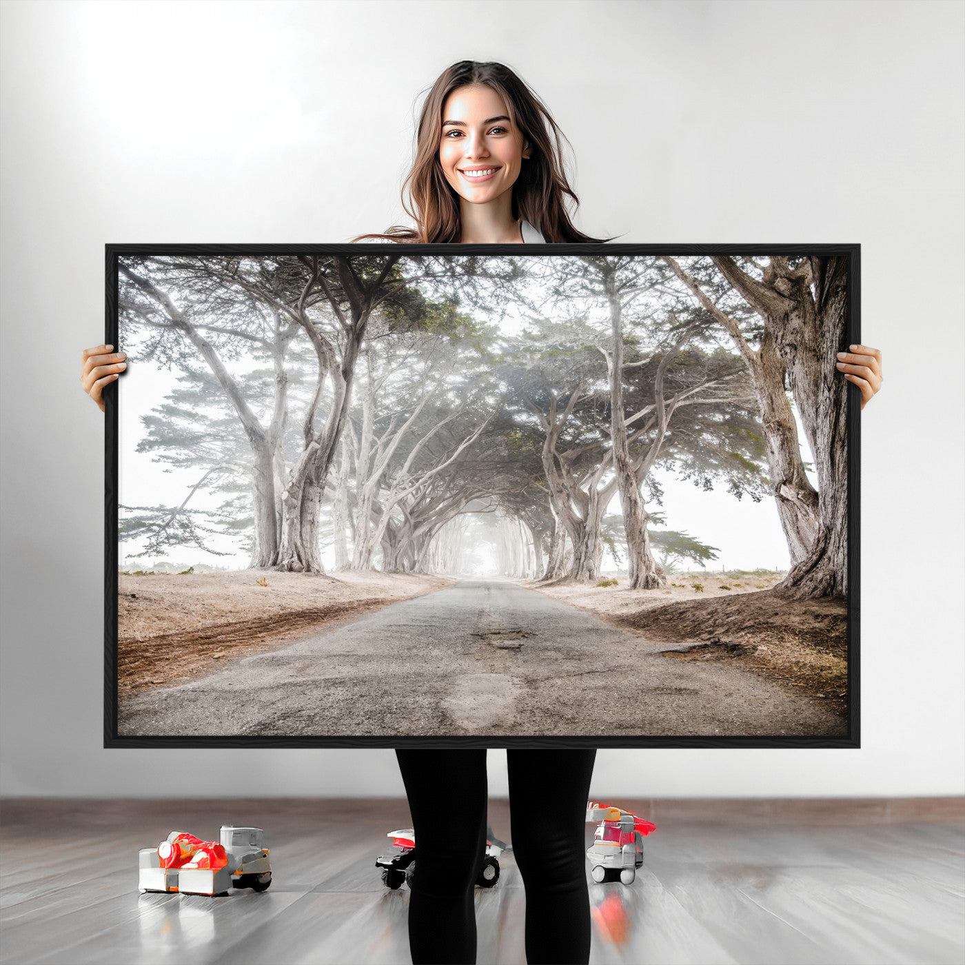 Canvas of a misty tree tunnel with arching cypress trees and an earthy road, ideal for rustic or coastal nature decor.