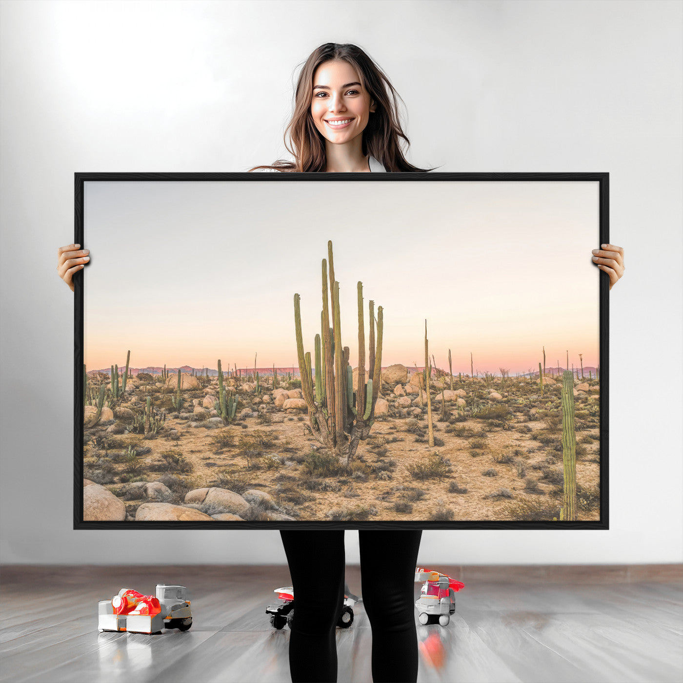 Canvas of tall desert cacti in warm sunset tones over a rocky Baja landscape, ideal for earthy or Southwestern-style home decor.