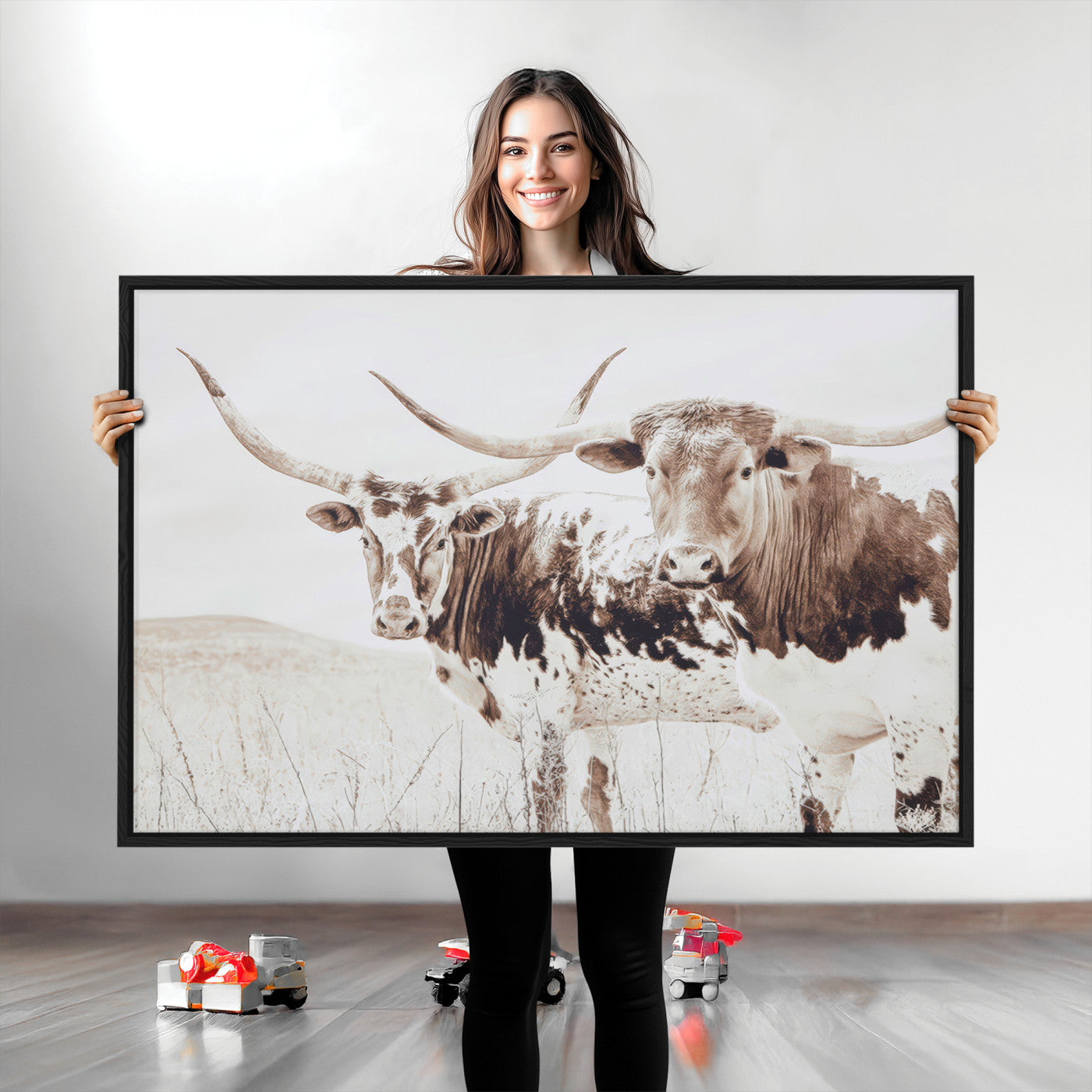 Two longhorn cows standing in a sepia-toned pasture with soft light, ideal for rustic or farmhouse-themed neutral wall decor.