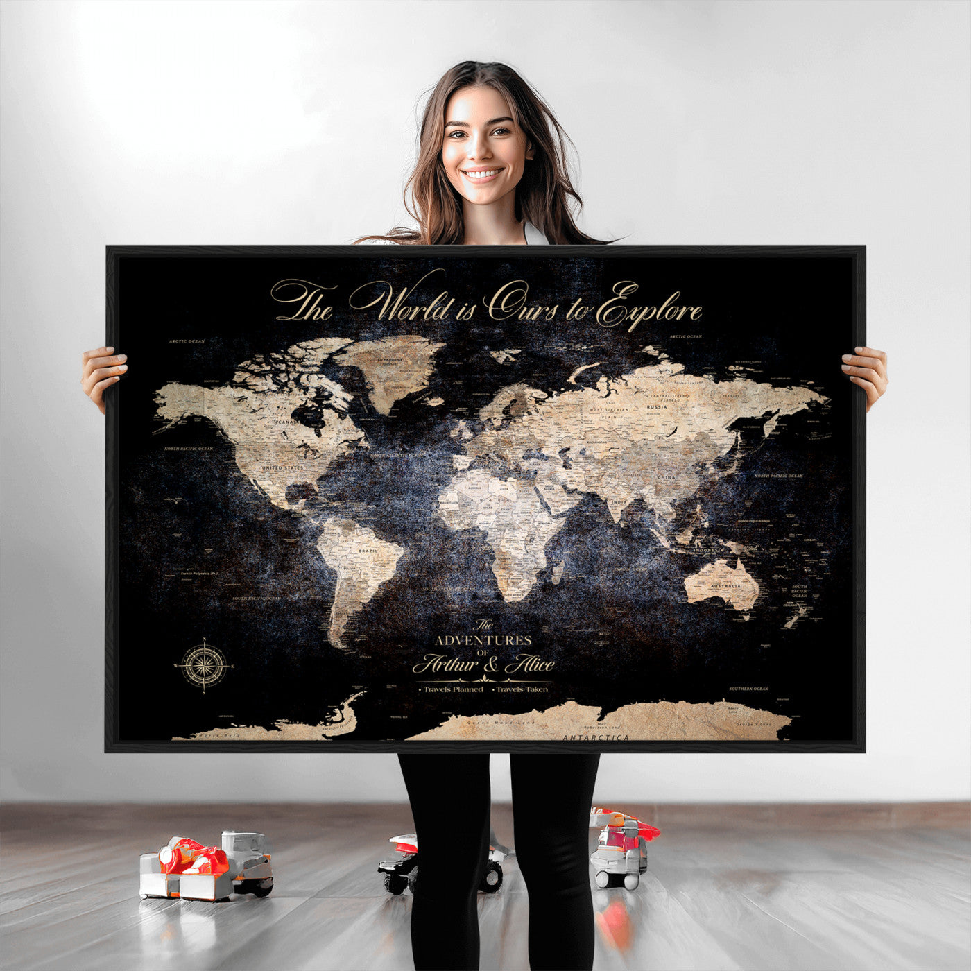 '-Customize Push Pin World Map Wall Canvas Print, Personalized Travel Tracker with Pins, Framed Large Canvas for Home Office Decor - H37