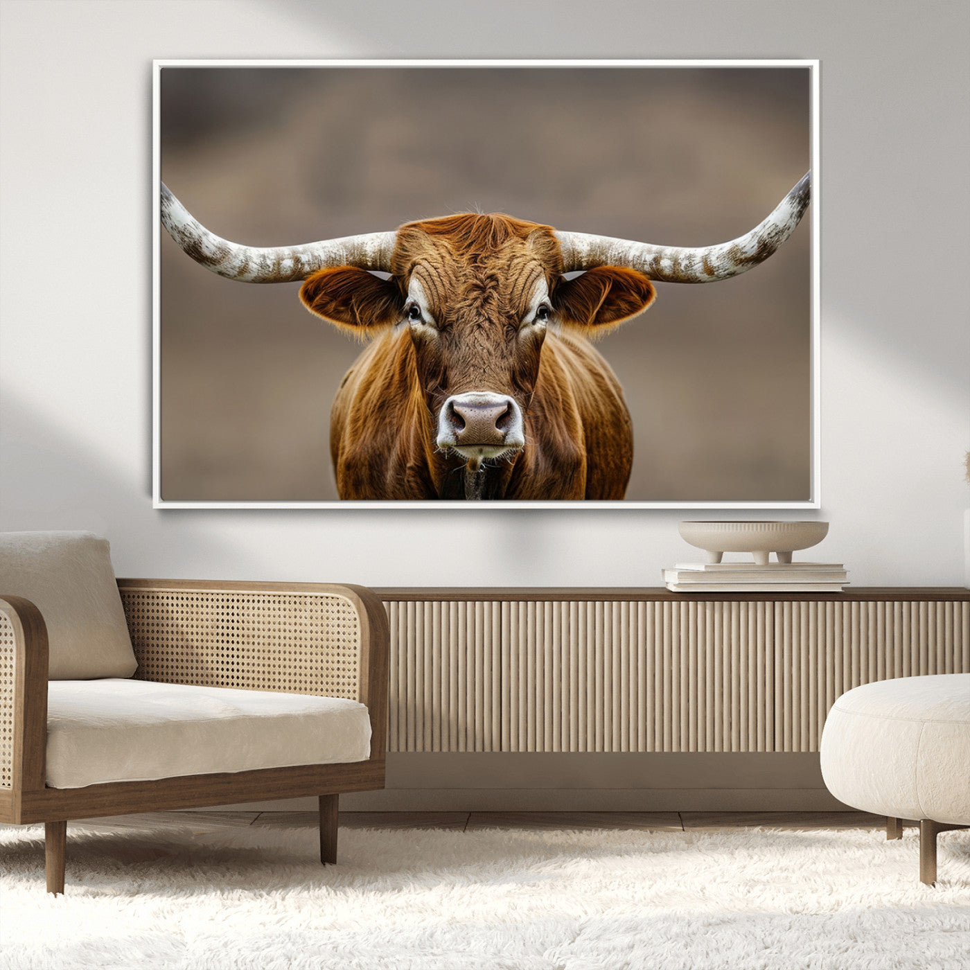 Close-up of a Texas Longhorn with strong curved horns and warm brown tones, perfect for rustic or western-style wall decor.