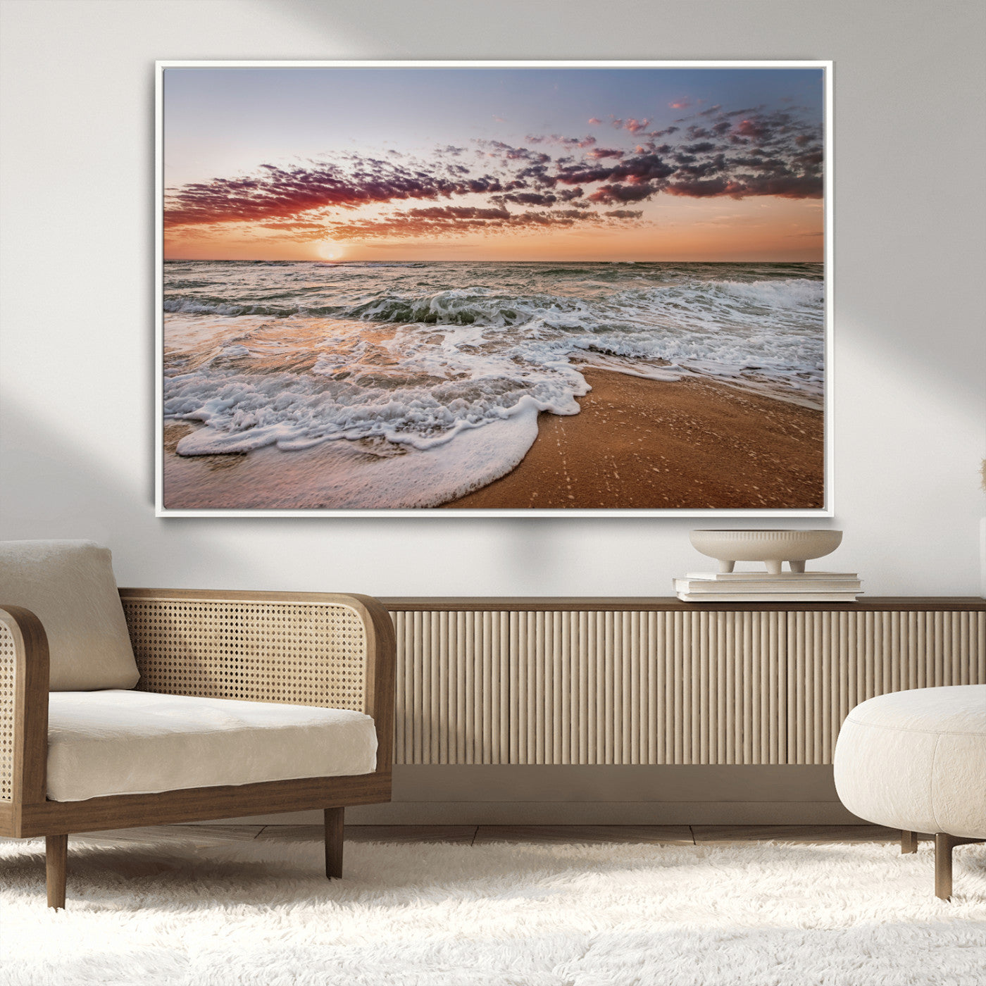 Canvas of a sunset over a foamy ocean shore with warm light and gentle waves, ideal for coastal or beach-themed home decor.
