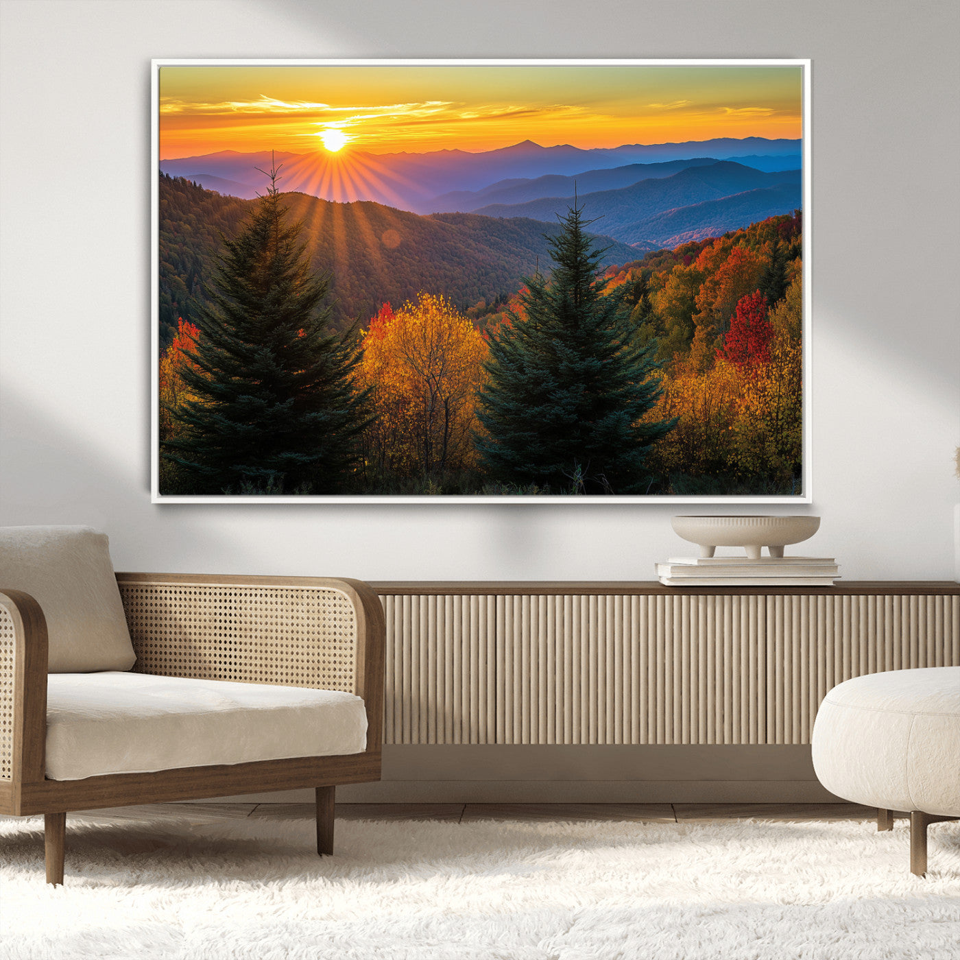 Vibrant sunset over autumn mountains with colorful trees and warm light, ideal for nature lovers or cabin-style wall decor.