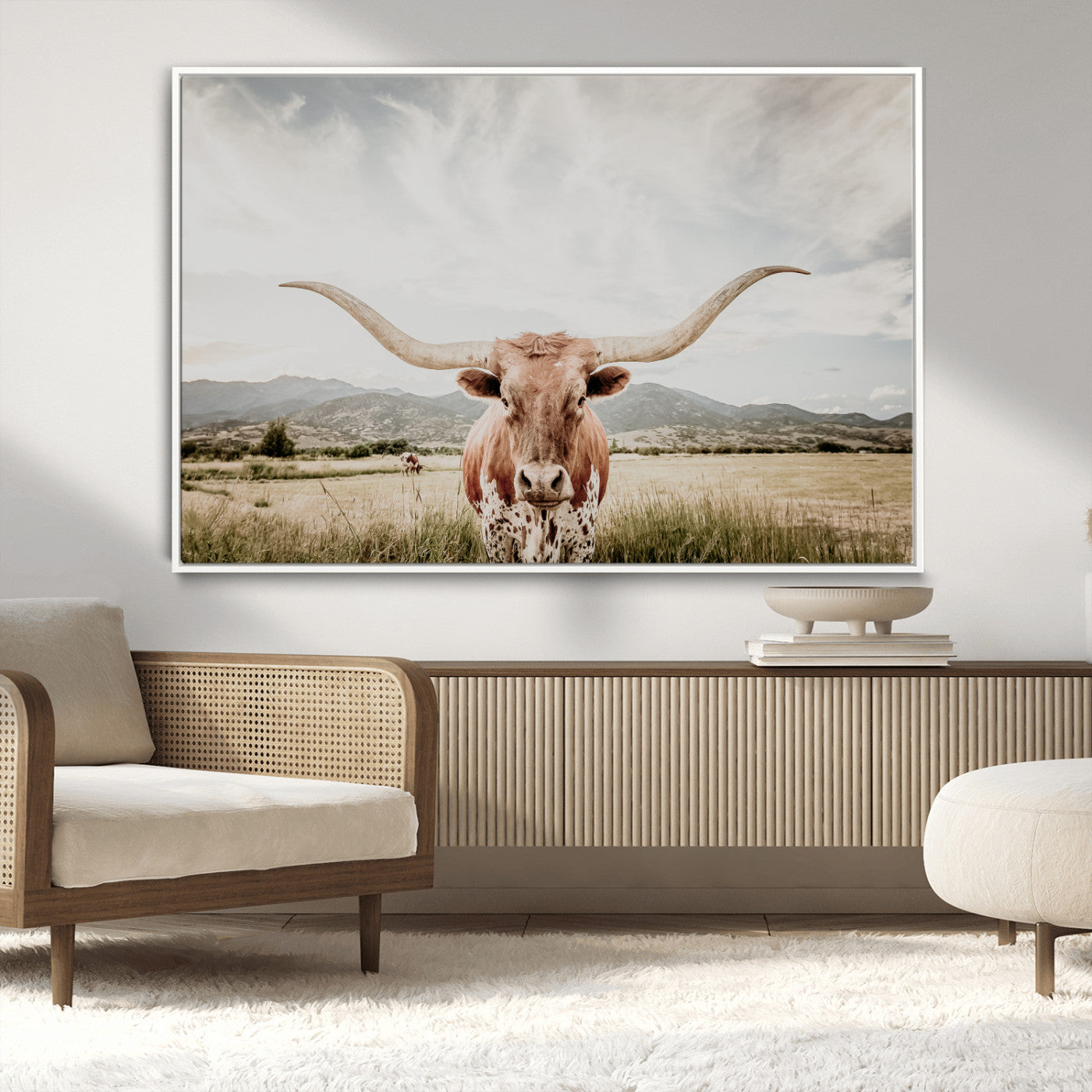 Longhorn Wall Art Print - Western Cow Canvas Print, featuring a majestic Texas longhorn in a rustic prairie setting, perfect for farmhouse and western decor.