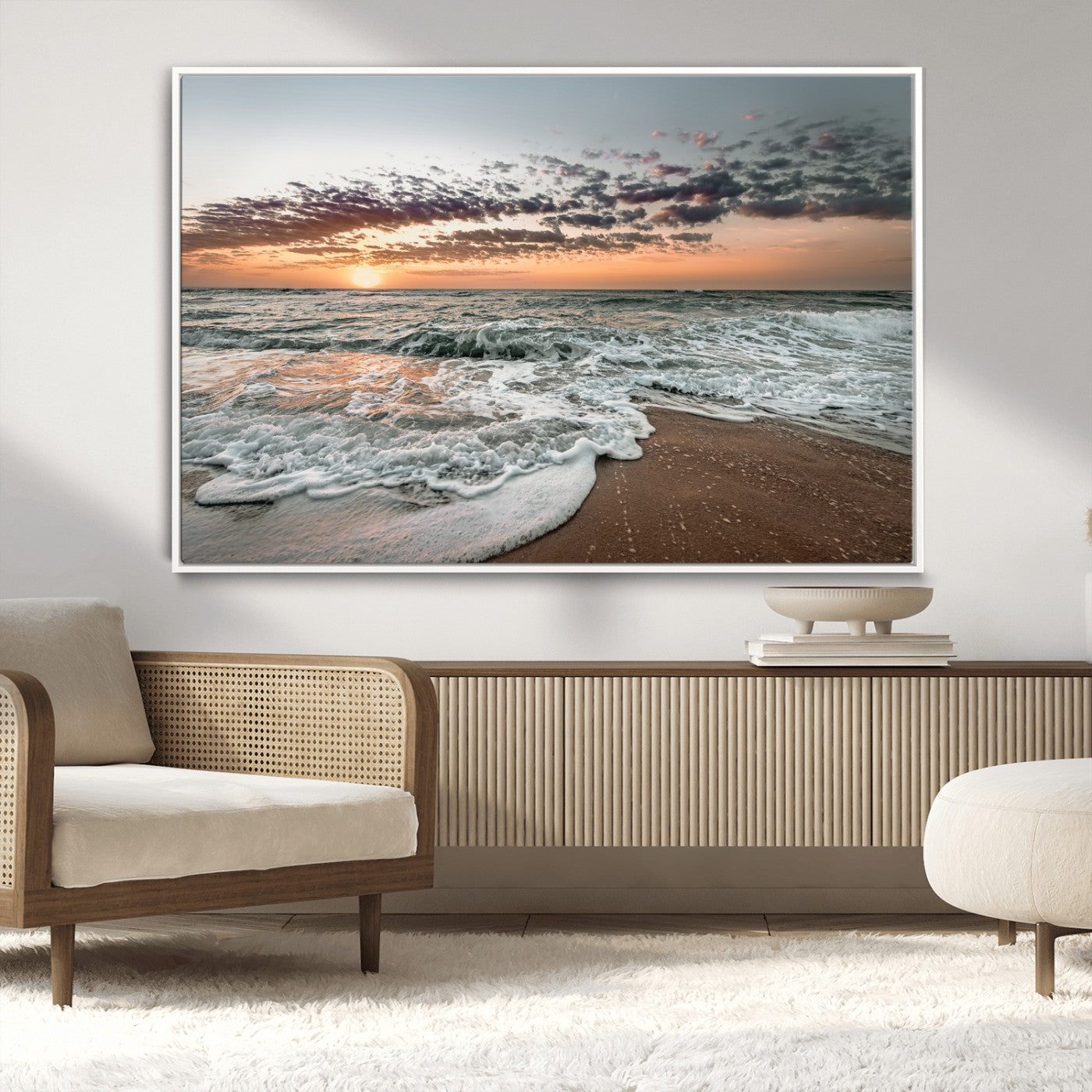 Ocean Sunset Wall Art Print - Beach Waves Canvas Print, featuring a serene seascape with golden sunlight reflecting on gentle waves, perfect for coastal and minimalist decor.