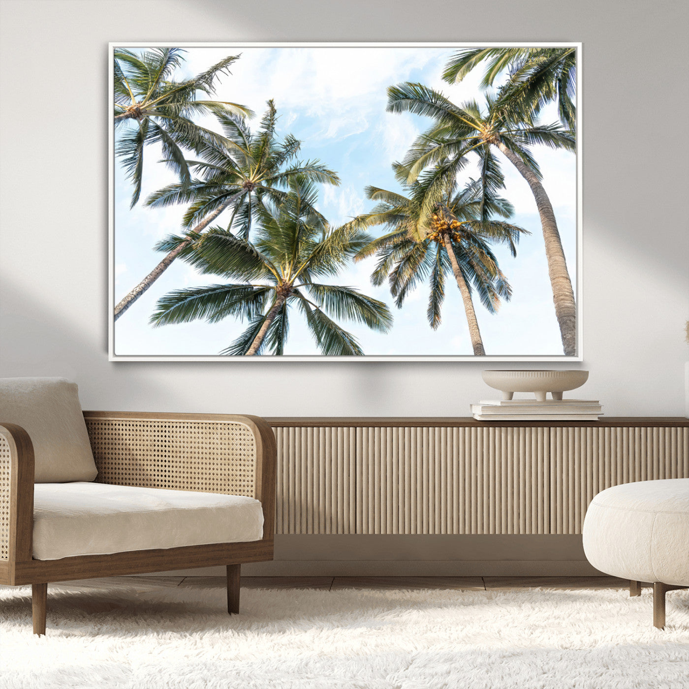 Framed canvas of tall palm trees reaching into a tropical sky, ideal for beach home or relaxed island-inspired wall decor.