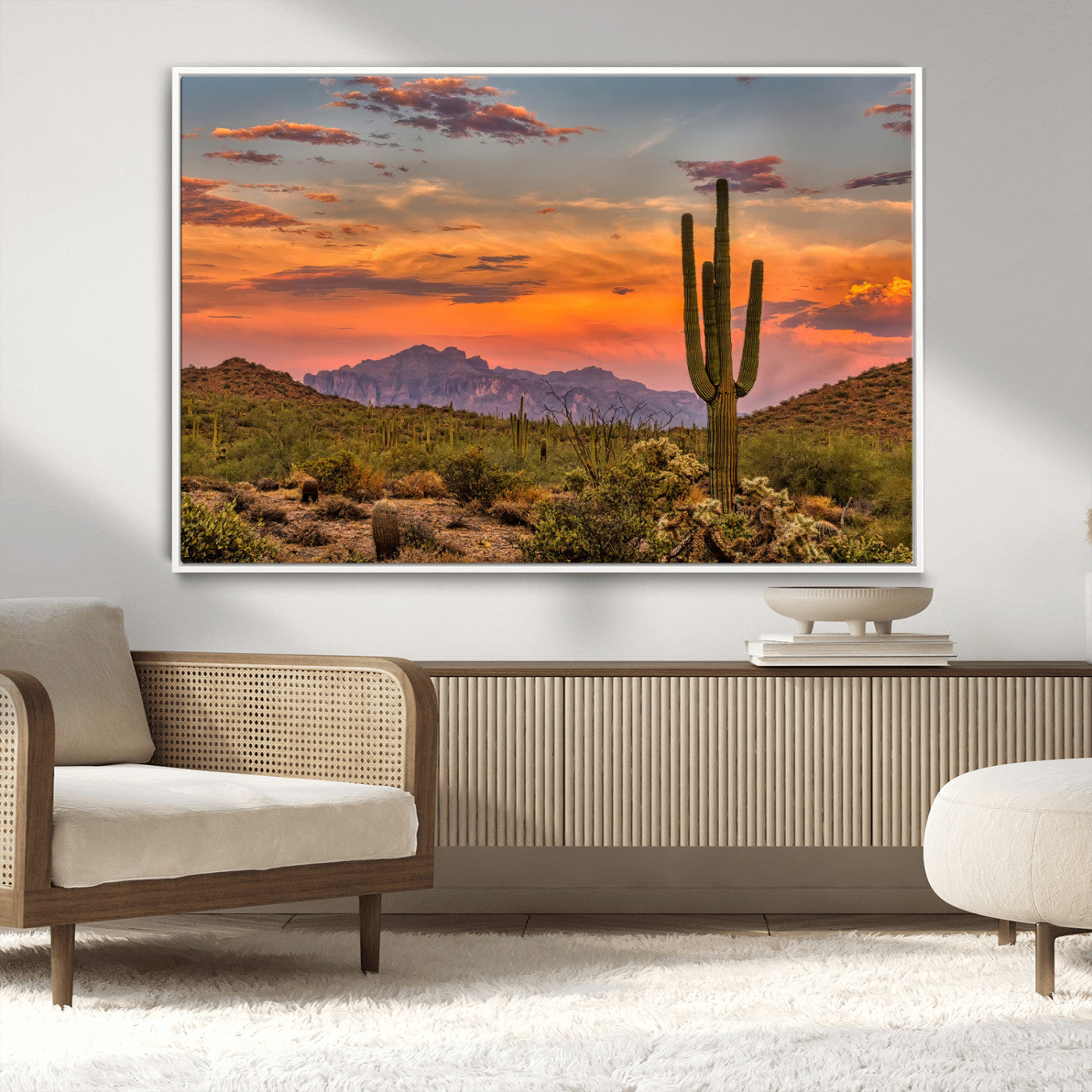 Vibrant desert sunset with saguaro cacti and distant mountains, perfect for Southwestern or warm-toned home decor.