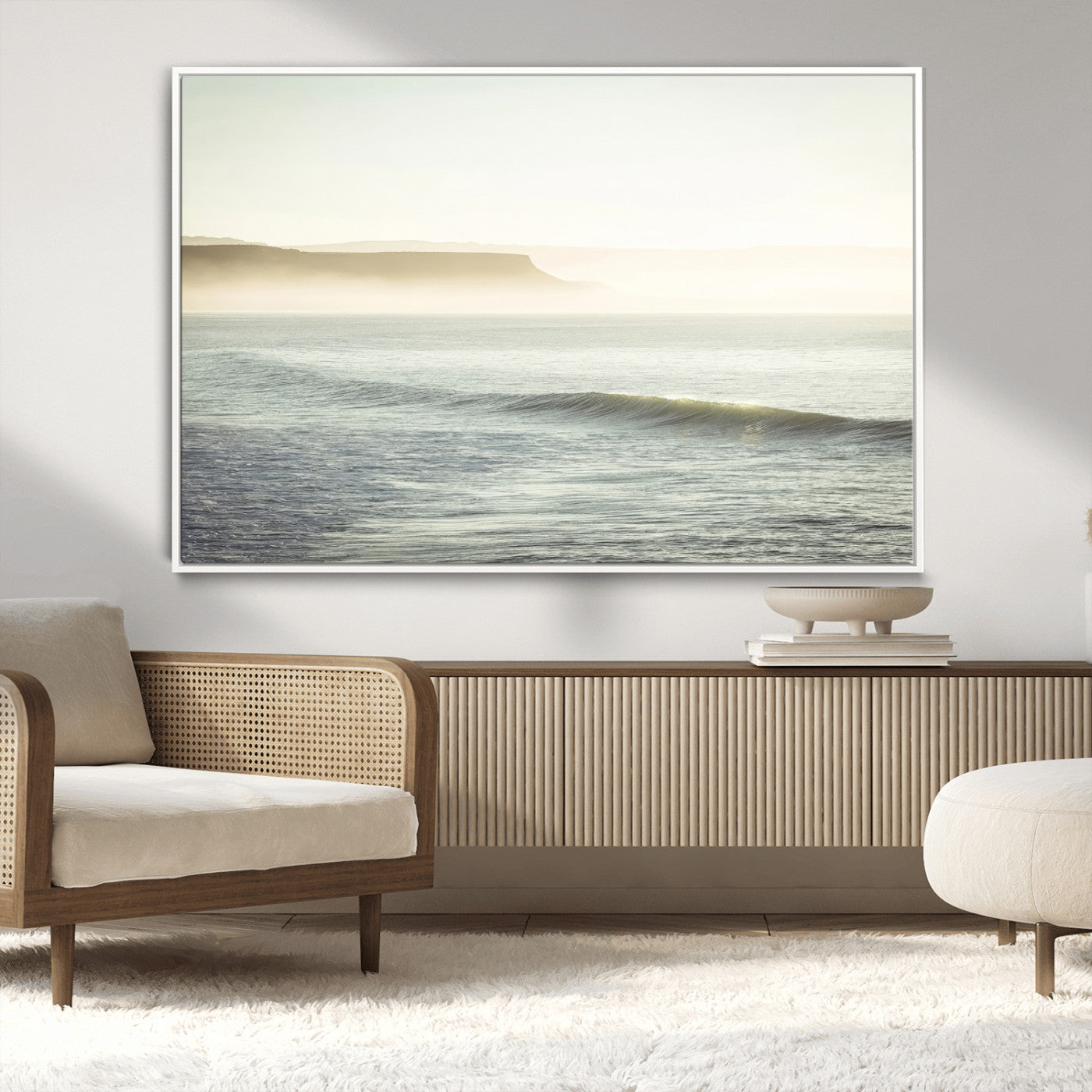 Canvas of a misty ocean scene with coastal cliffs and soft neutral tones, ideal for Scandinavian coastal or minimalist nature-inspired home decor.