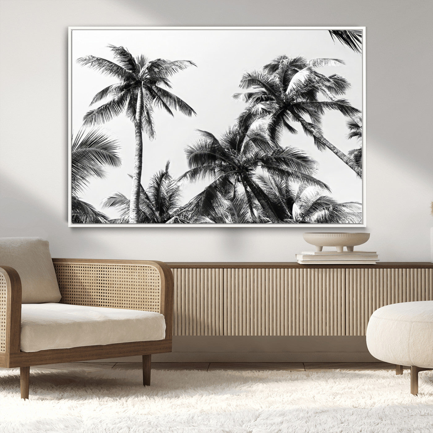 Black and white canvas of tall palm trees in moody tones, perfect for modern tropical minimalist or coastal-style home decor.