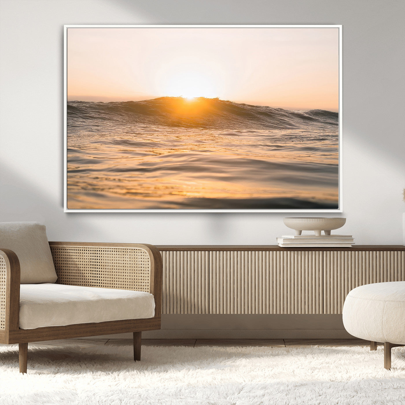 Ocean waves glowing under a warm golden sunset, reflecting soft light and calm movement, perfect for warm minimalist coastal interiors.