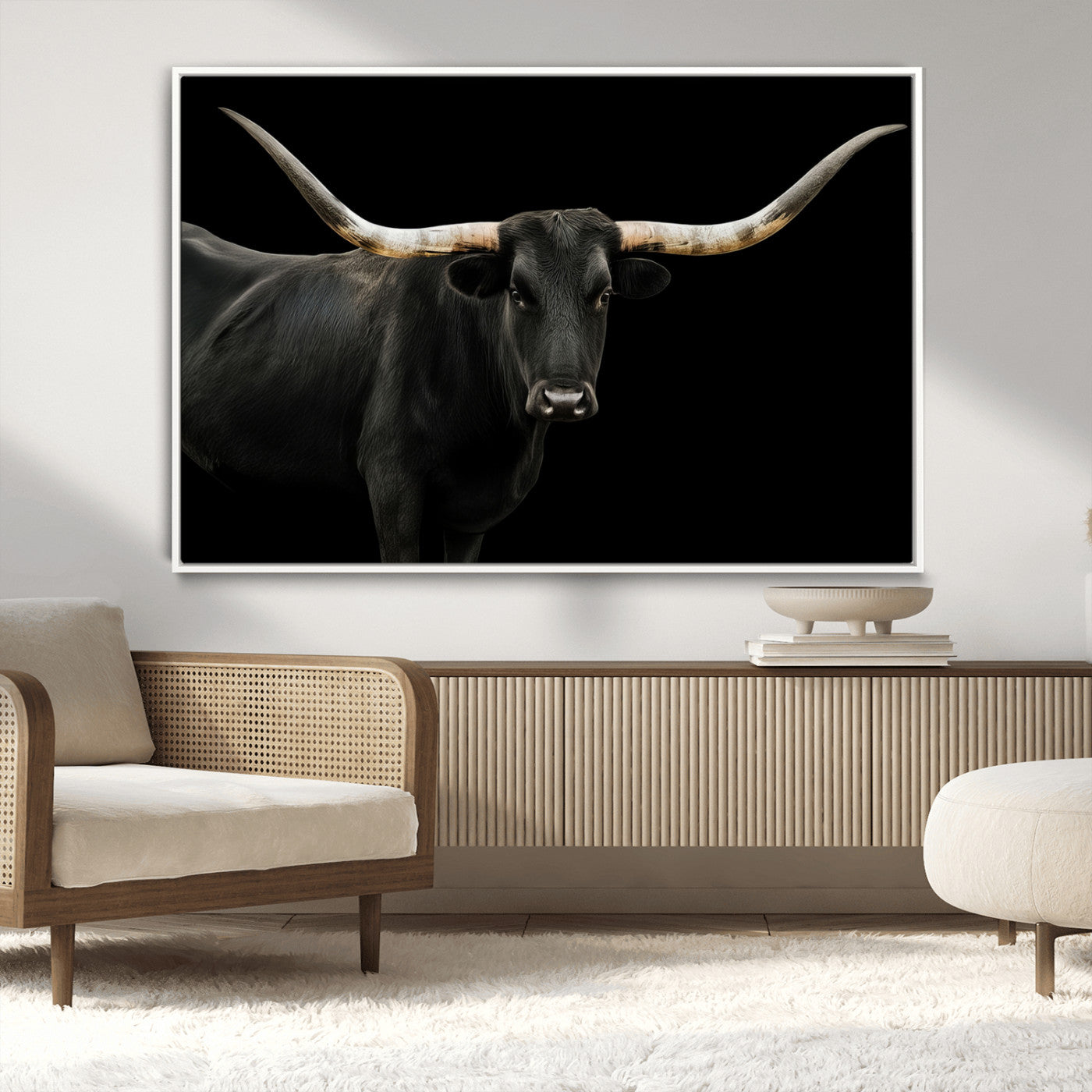 Close-up of a black Texas longhorn with large curved horns on black background, ideal for rustic farmhouse or modern western interiors.
