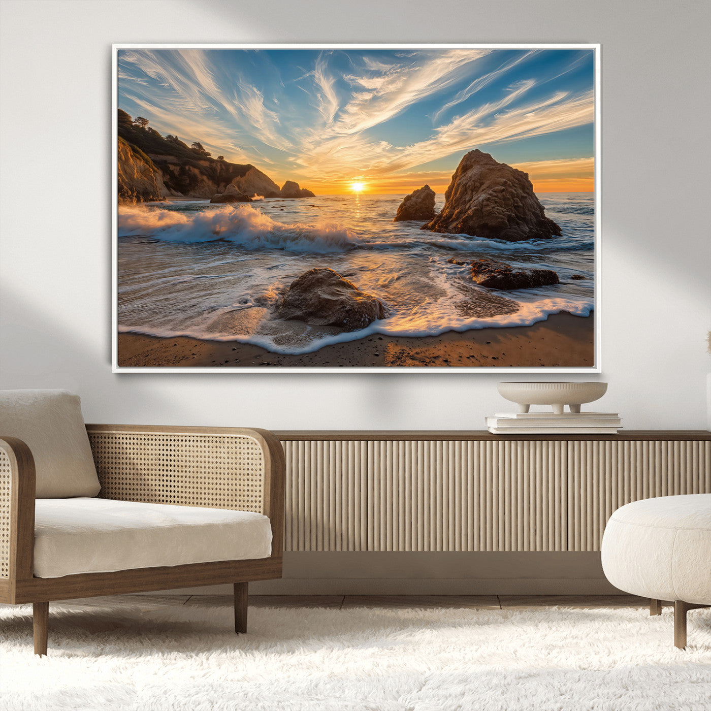 Rocky Ocean Sunset Wall Art Print, Seaside Canvas Wall Art, Dramatic Seascape Canvas Print for Coastal Modern Decor, Ocean Sunset Art Printing