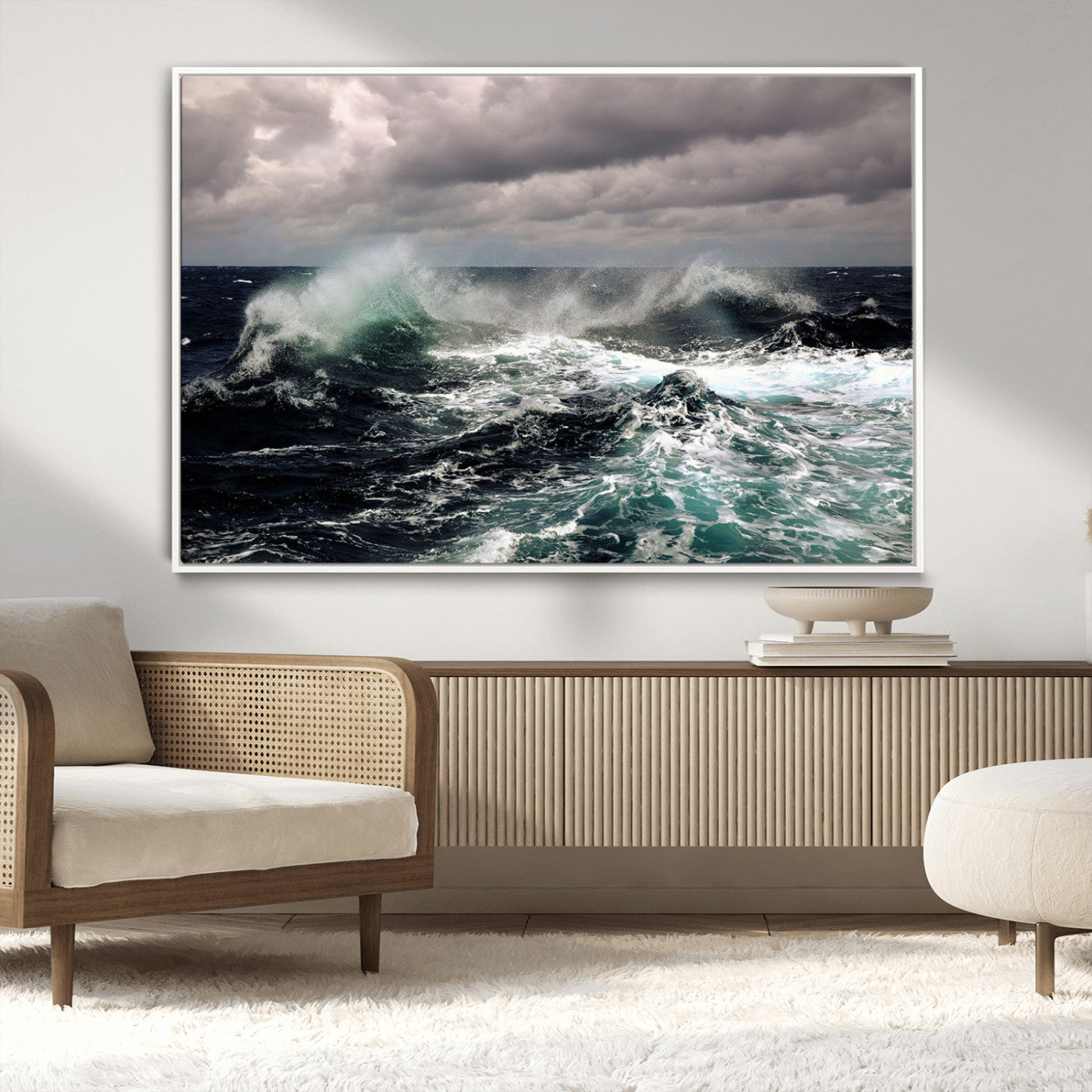 Powerful ocean waves crashing under stormy skies, creating a dynamic and intense seascape.