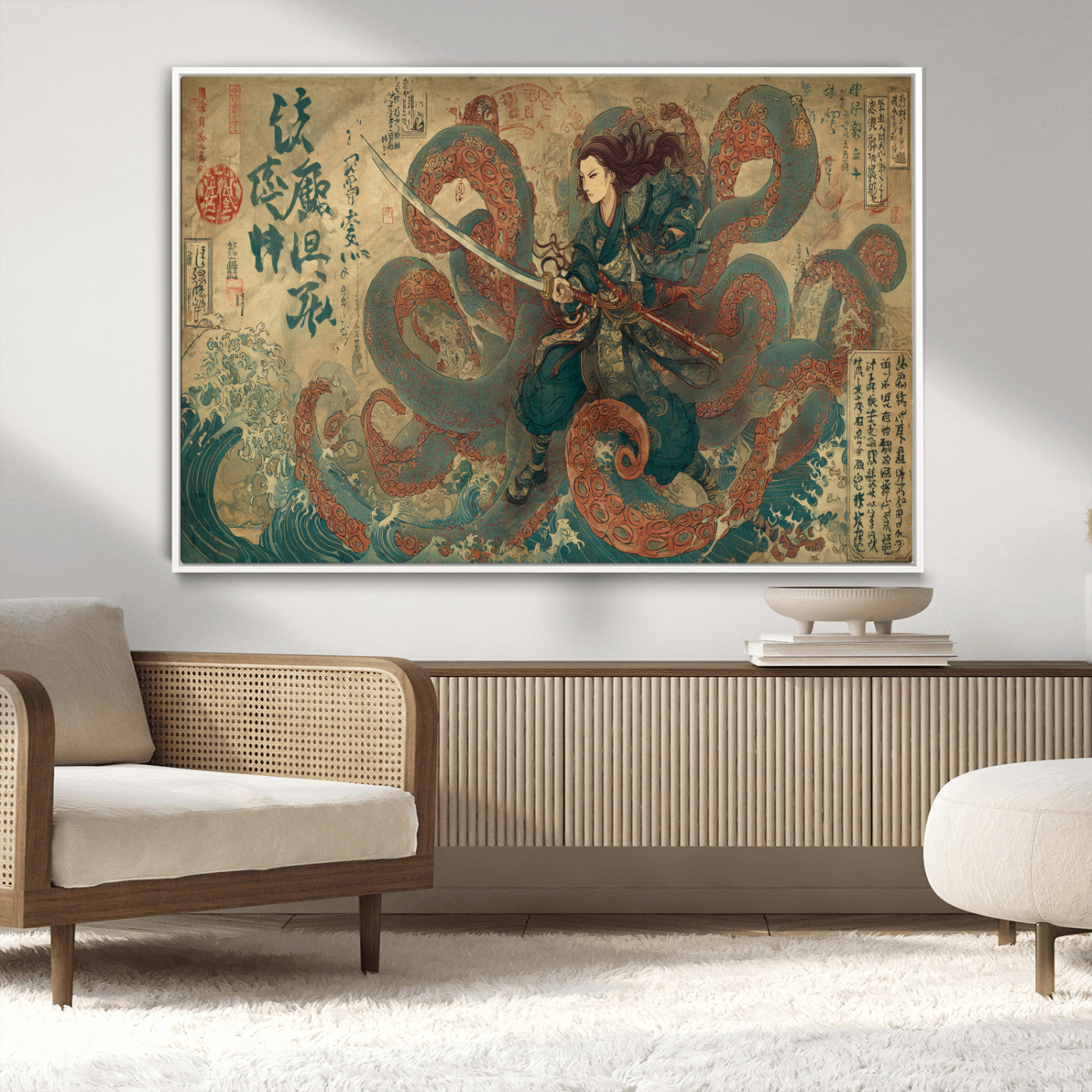 Tsukioka Yoshitoshi Samurai Wall Art Print, Japanese Katana Warrior Canvas Wall Art, Octopus Sea Monster Canvas Print,