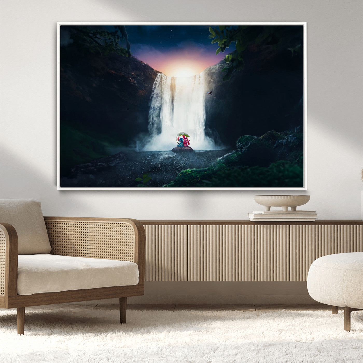 Romantic scene of Stitch and Angel sitting under a leaf in front of a glowing waterfall, ideal for tropical or fantasy-themed decor.