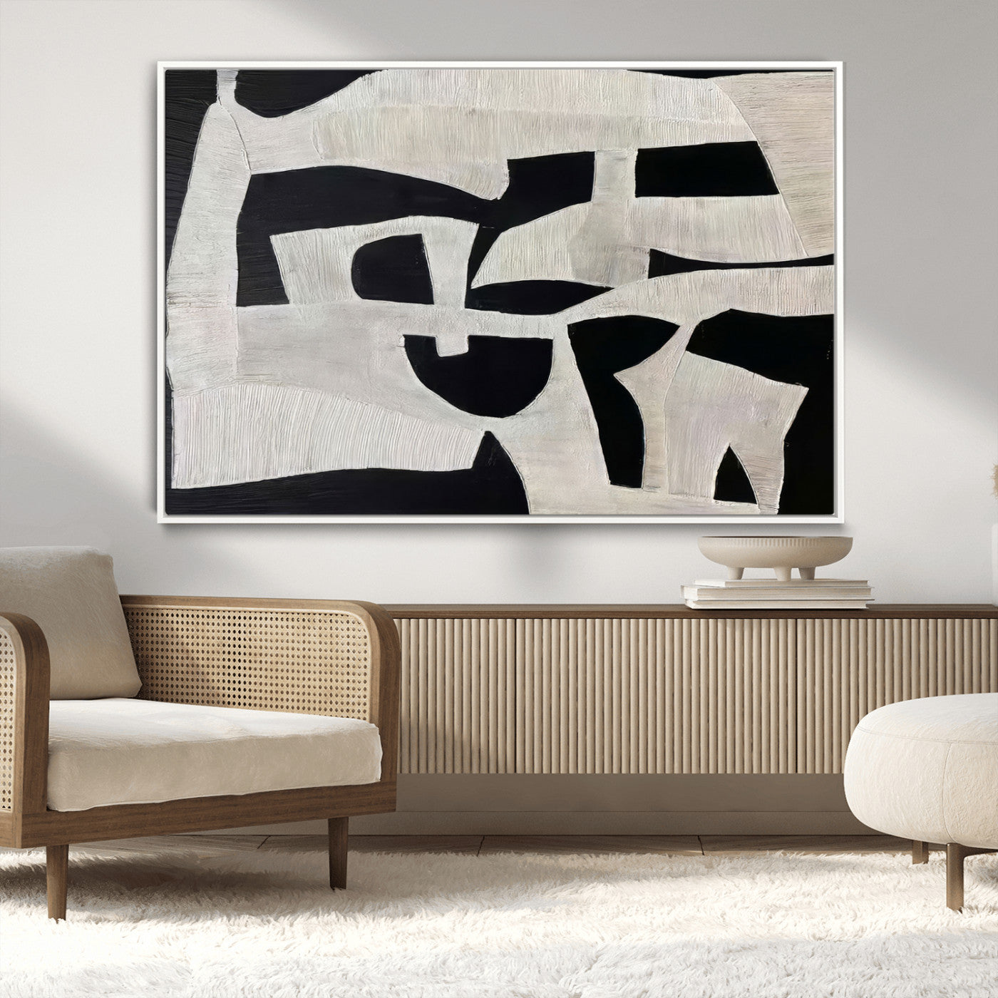 Minimalist black and white canvas featuring bold abstract textures and geometric shapes, ideal for modern neutral decor.