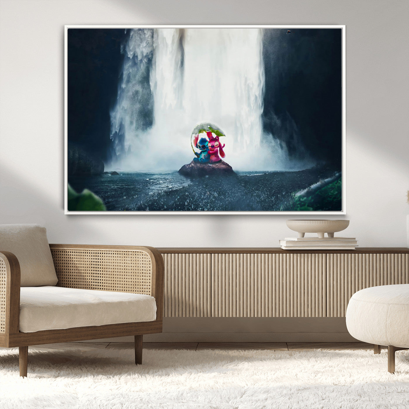 Fantasy canvas of Stitch and Angel under a leaf umbrella in front of a dramatic waterfall, perfect for moody jungle-themed or animated decor.