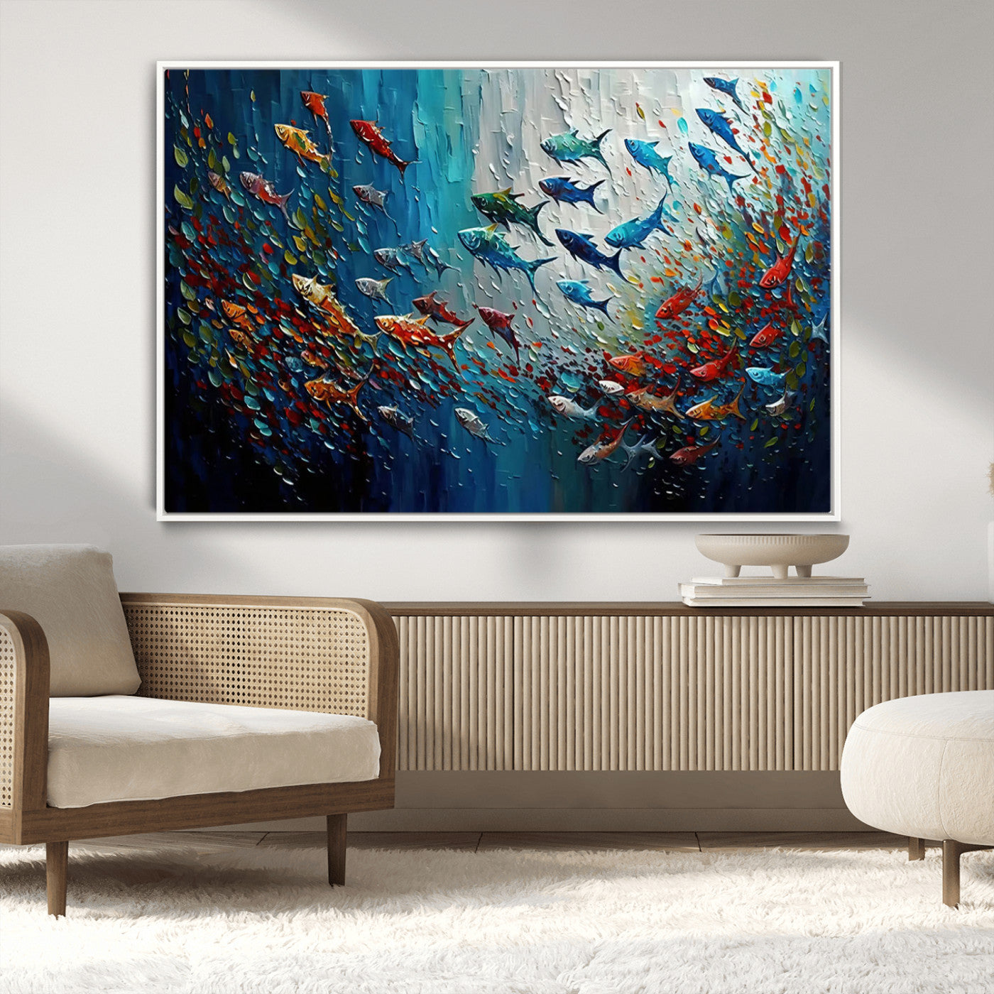Colorful painting of fish swimming in abstract ocean swirls, perfect for vibrant marine-themed or expressive coastal home decor.