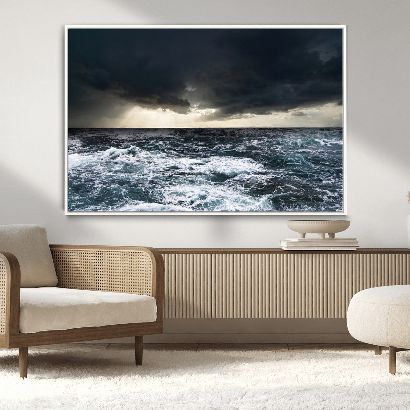 Moody ocean scene with stormy skies and crashing waves, perfect for dramatic or coastal-style home wall decor.