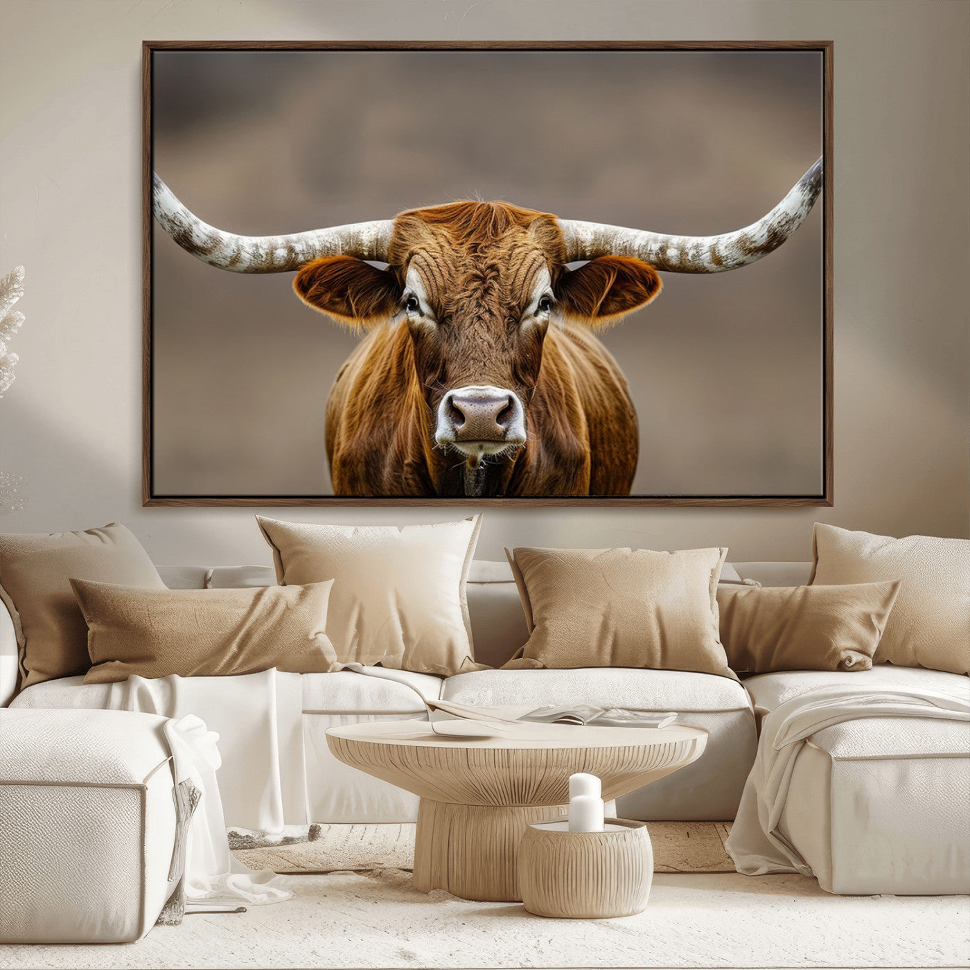 Close-up of a Texas Longhorn with strong curved horns and warm brown tones, perfect for rustic or western-style wall decor.
