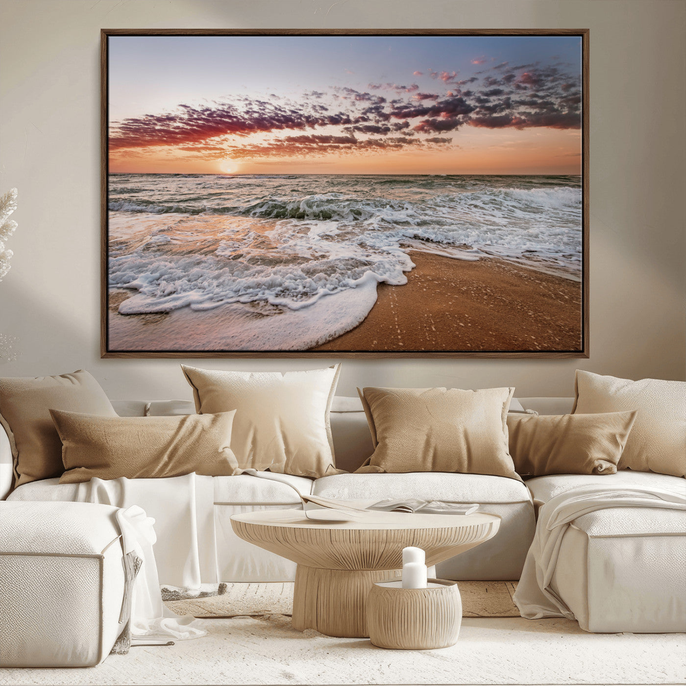 Canvas of a sunset over a foamy ocean shore with warm light and gentle waves, ideal for coastal or beach-themed home decor.