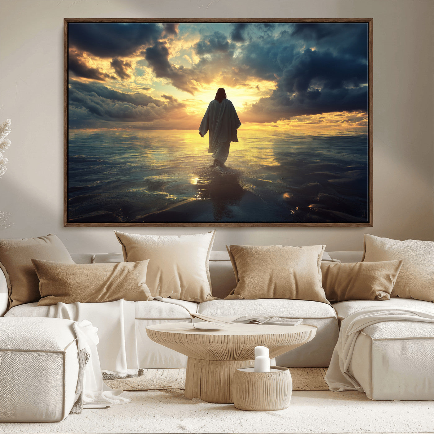 Spiritual artwork of Jesus walking on water at golden hour with divine light, ideal for Christian home decor or prayer room.