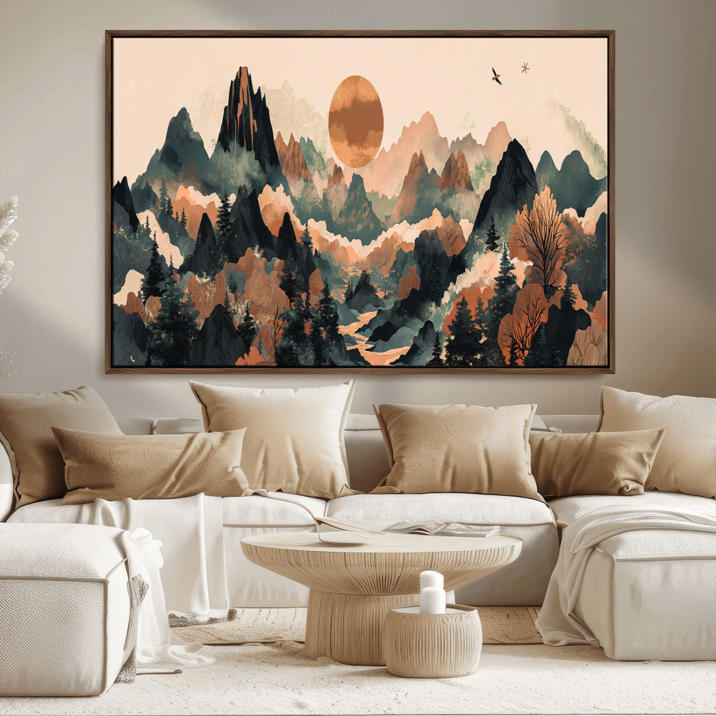 Mountain Landscape Wall Art Print - Sunset Hills Canvas Print, featuring an abstract nature scene with earthy tones and misty peaks, perfect for boho and modern decor.