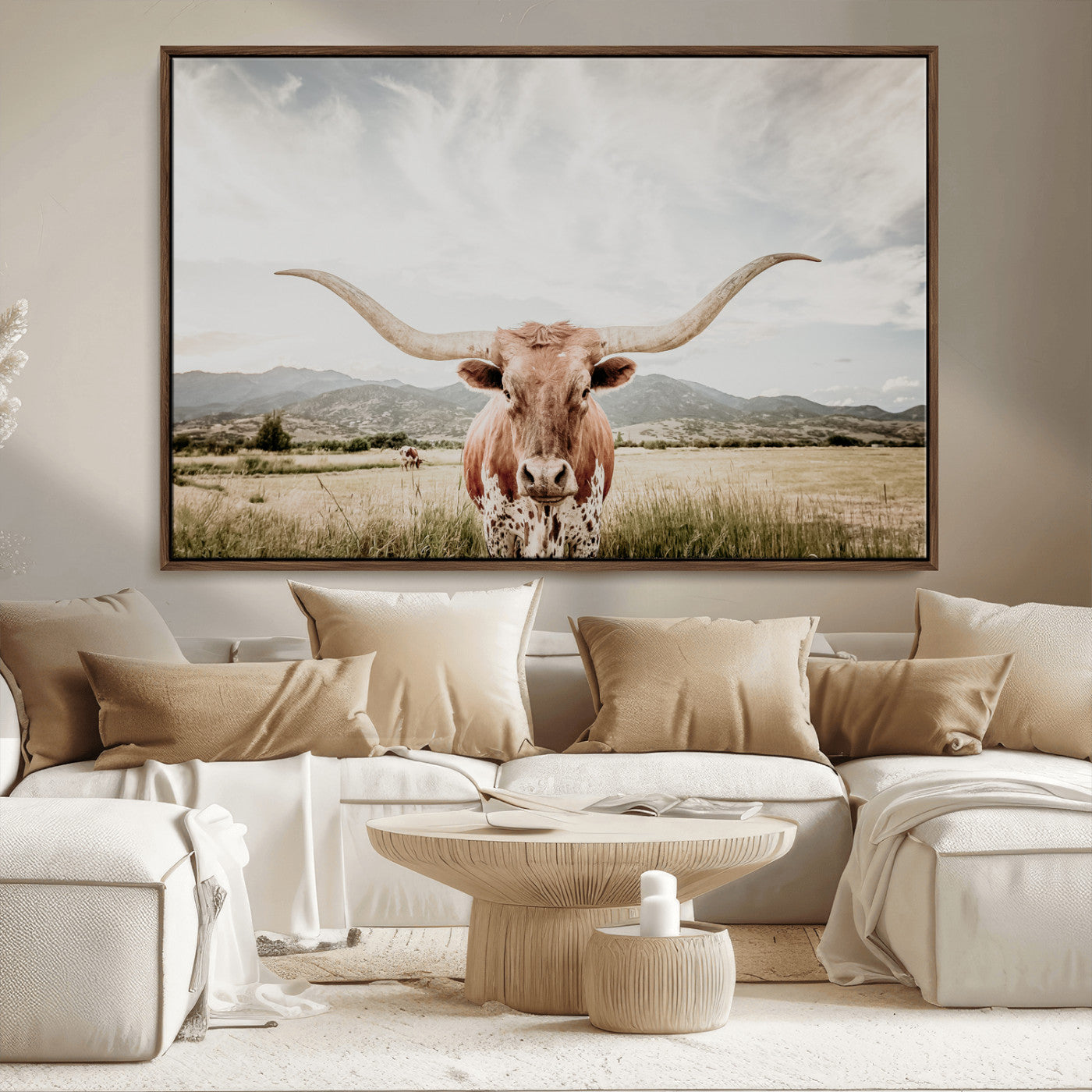 Longhorn Wall Art Print - Western Cow Canvas Print, featuring a majestic Texas longhorn in a rustic prairie setting, perfect for farmhouse and western decor.