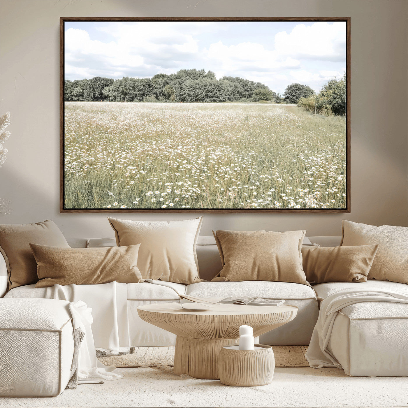 Soft-toned image of a wild daisy field under a cloudy sky, ideal for neutral or Scandinavian-inspired home decor.