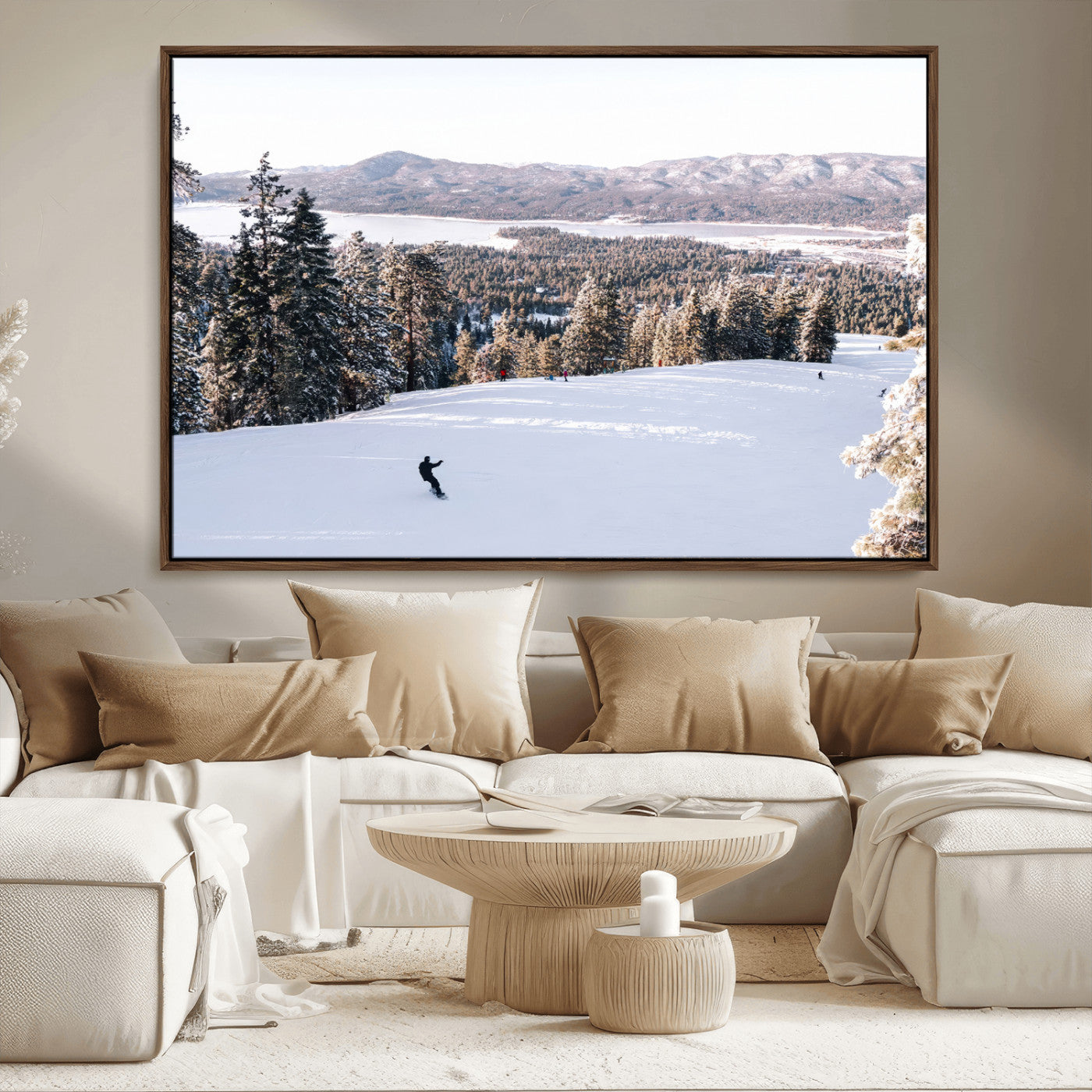 Canvas of a snowy mountain ski slope with pine trees and bright winter light, ideal for modern rustic or alpine-inspired home decor.