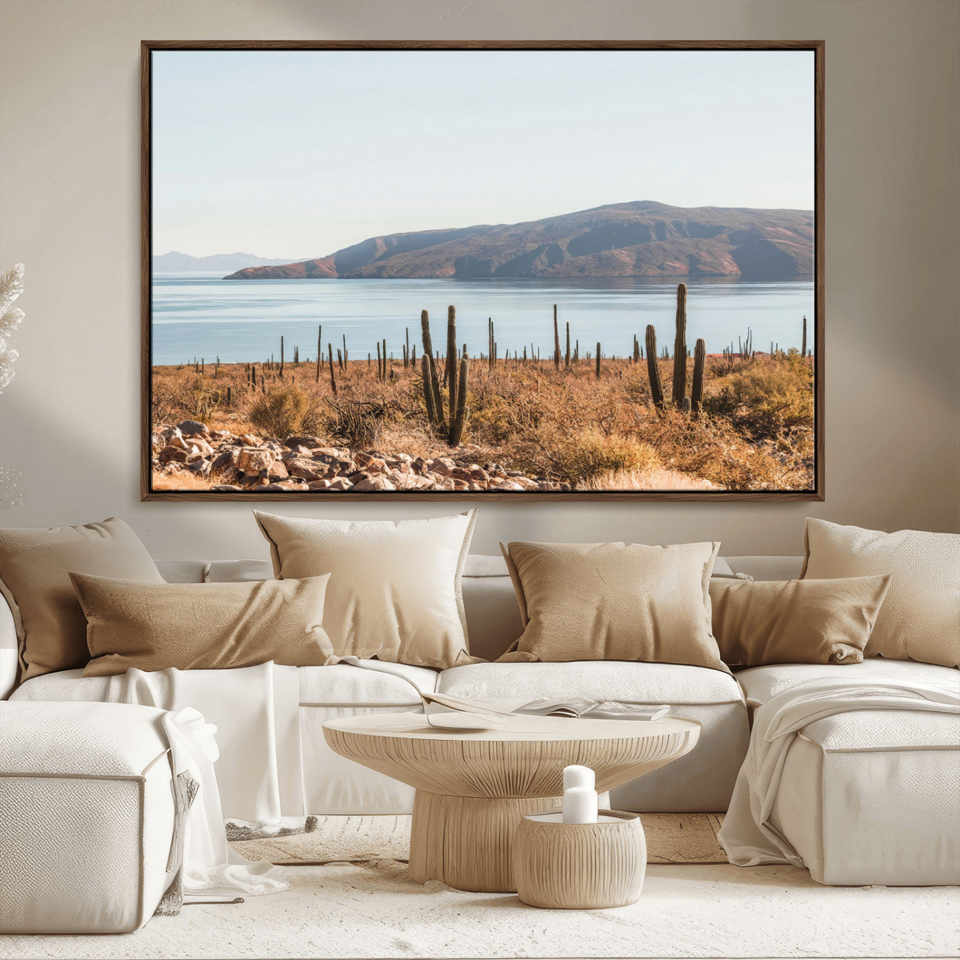 Warm desert landscape with cacti and coastal mountains, perfect for southwestern or earthy calm-themed home wall decor.
