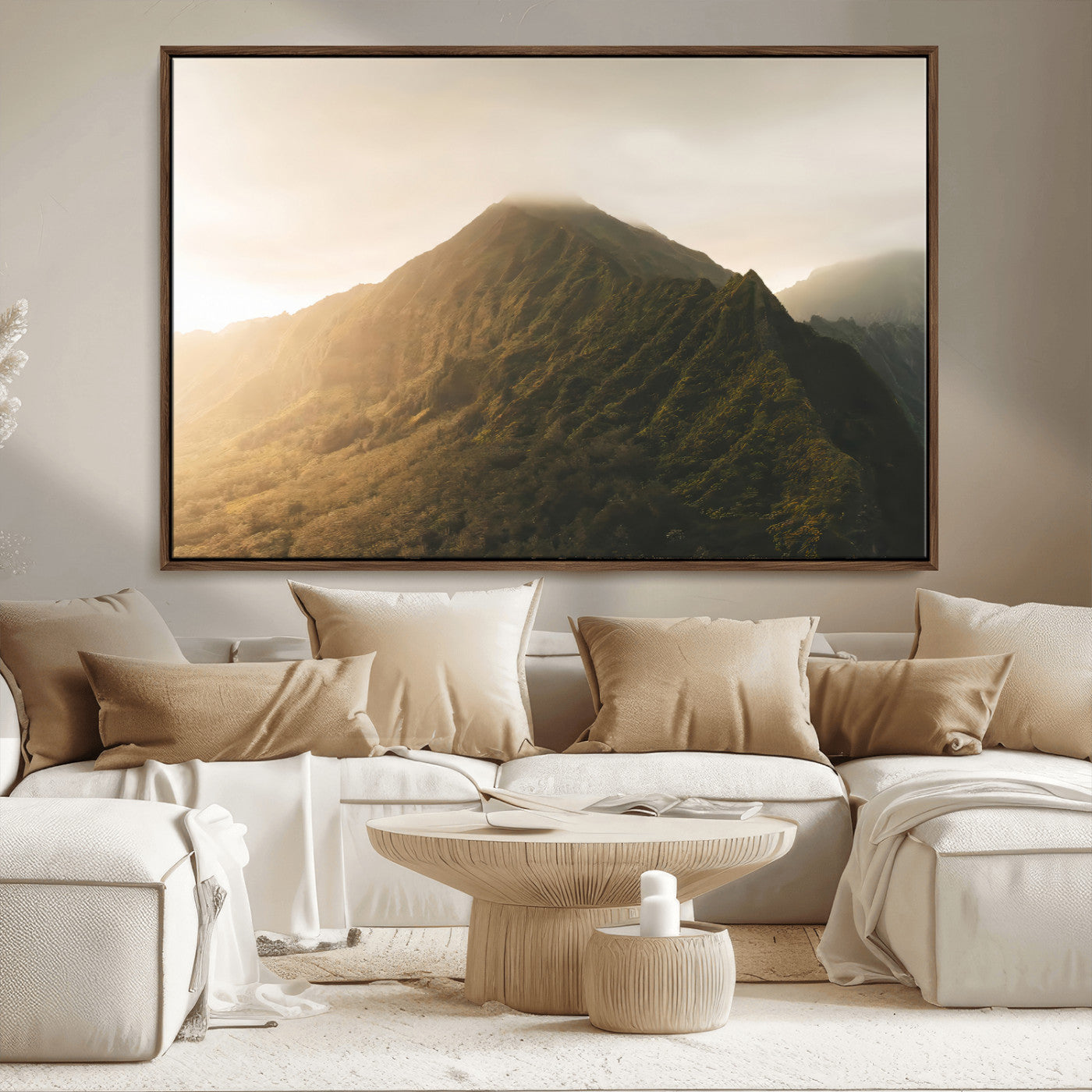 Sunlit mountain peak with mist rolling over its rugged slopes, bathed in golden light, creating a warm and tranquil nature-inspired scene.