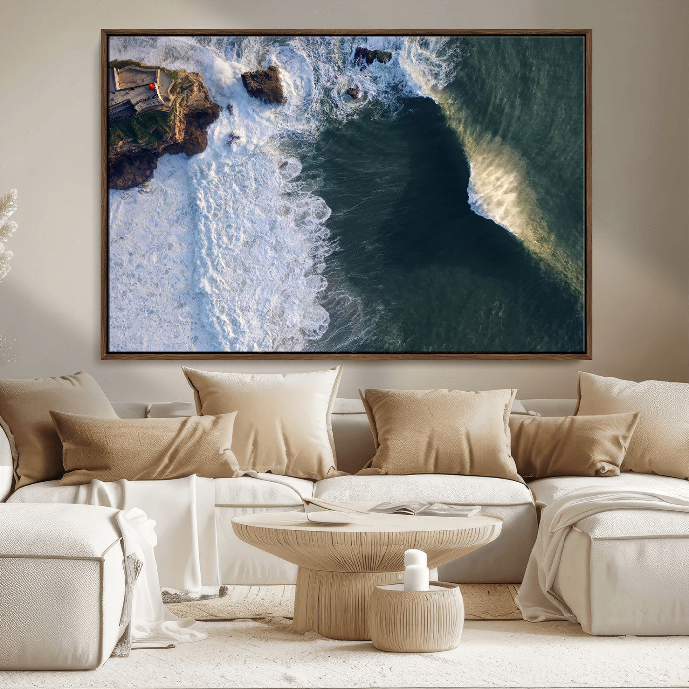 Canvas showing an aerial view of crashing waves along the Nazaré coastline, perfect for dramatic coastal or ocean-themed home decor.