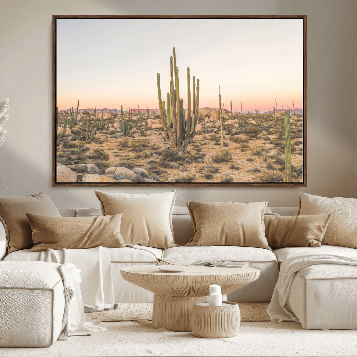 Canvas of tall desert cacti in warm sunset tones over a rocky Baja landscape, ideal for earthy or Southwestern-style home decor.