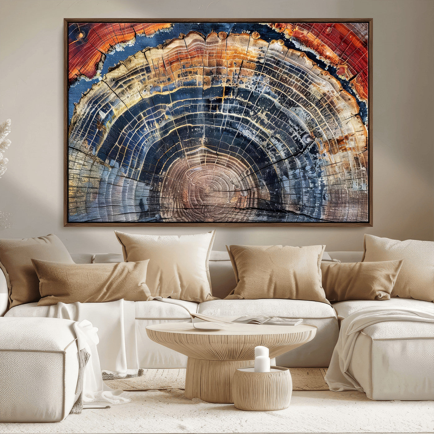 Vibrant tree ring with orange, brown, and blue tones in abstract detail, perfect for rustic or boho-inspired wall decor.