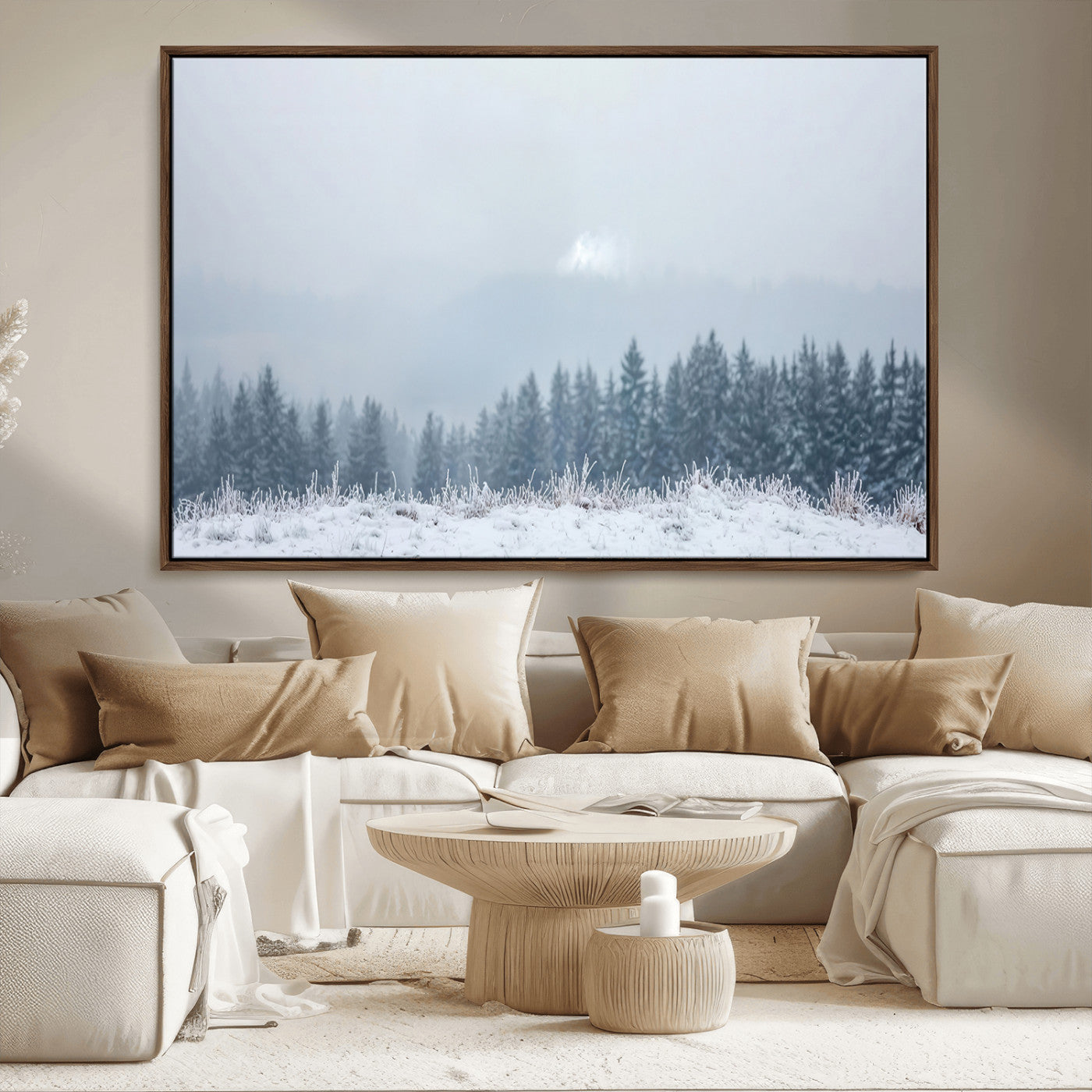 Snow-covered forest under misty sky, soft light breaking through clouds, ideal for minimalist or Nordic-inspired home decor.