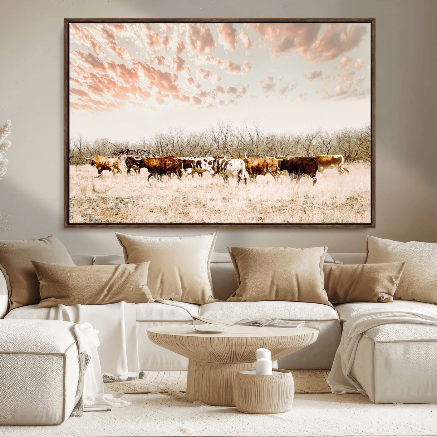 Cattle herd in a soft-toned field under a pastel pink sky, creating a peaceful rustic feel, perfect for farmhouse or western-themed spaces.