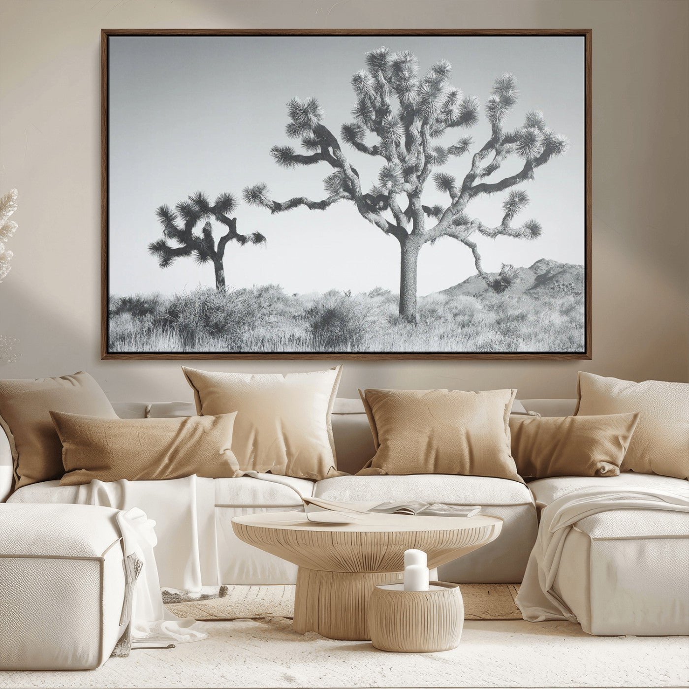Black and white Joshua tree in a desert landscape with soft light and dry brush, perfect for rustic or minimalist home decor.