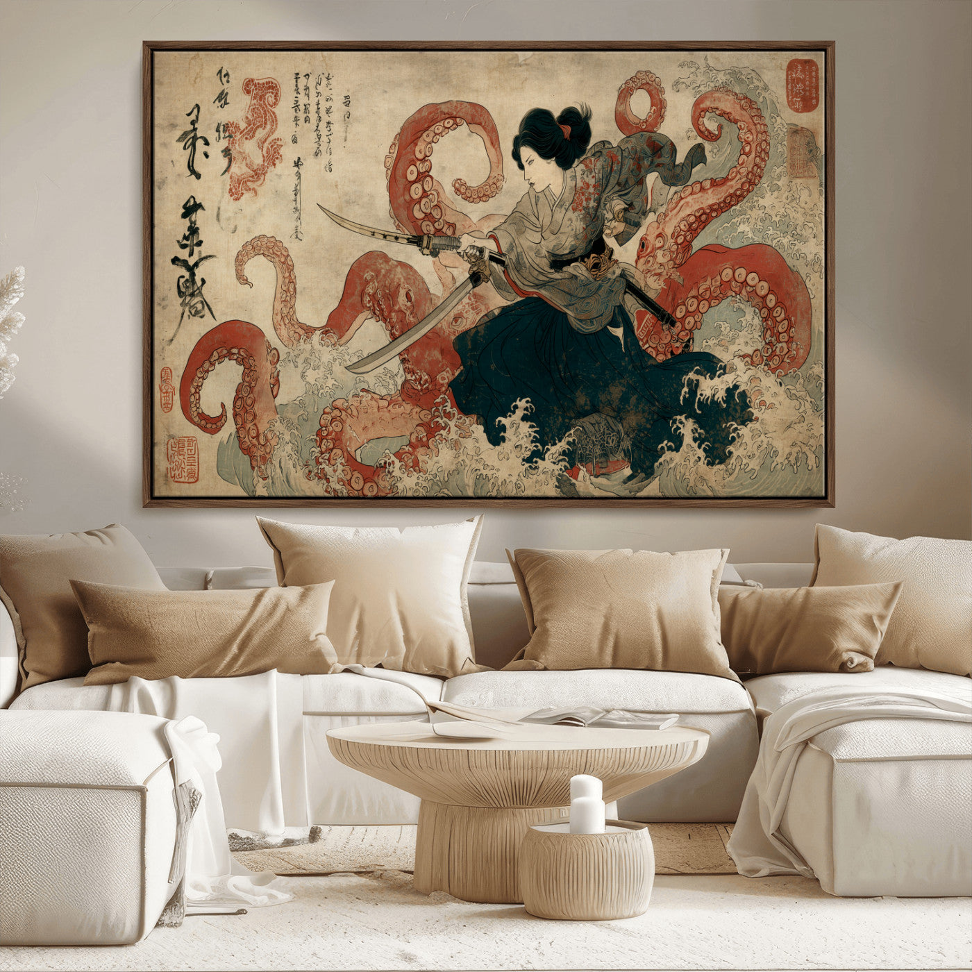 Tsukioka Yoshitoshi Samurai Wall Art Print, Japanese Katana Warrior Canvas Wall Art, Octopus Sea Monster Canvas Print,