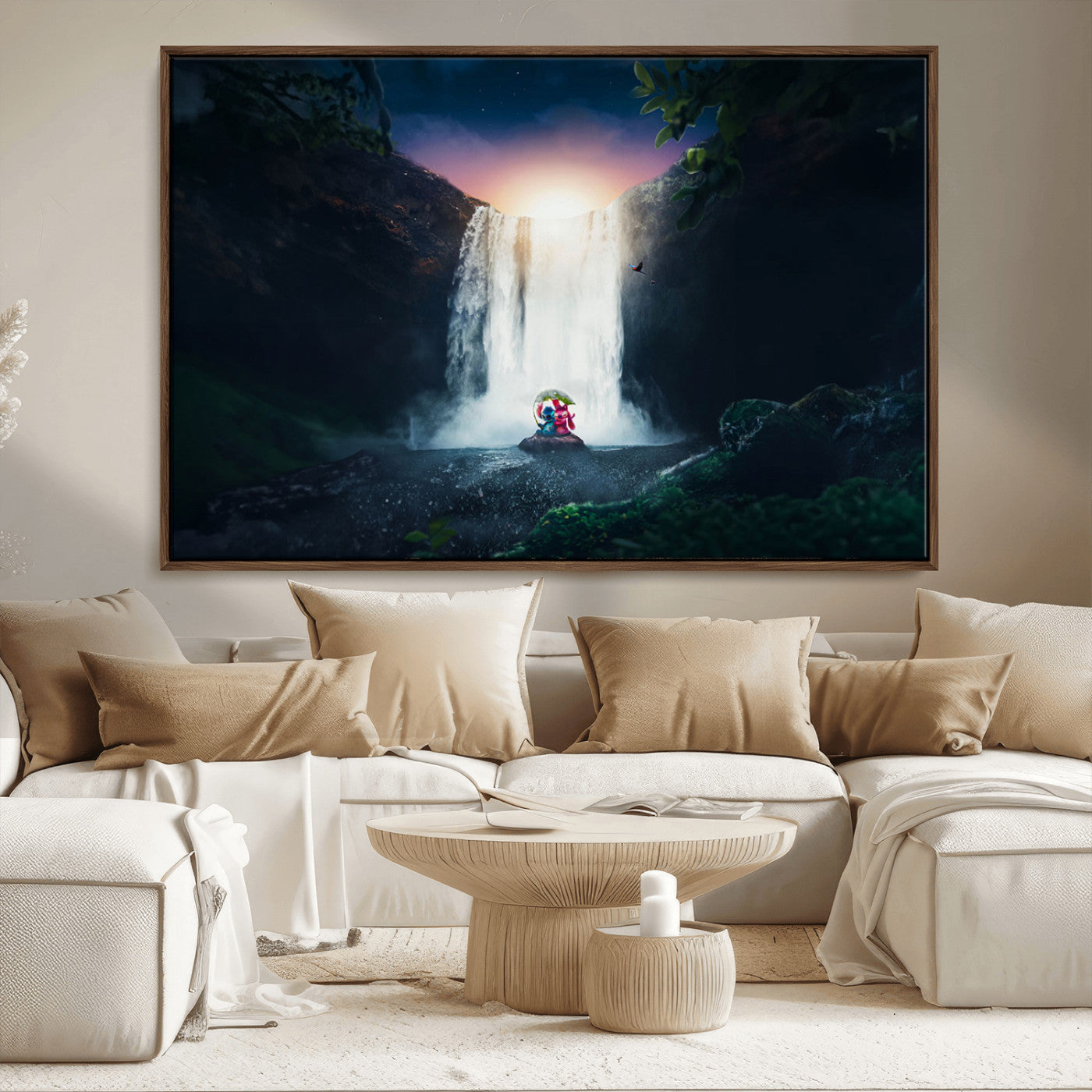 Romantic scene of Stitch and Angel sitting under a leaf in front of a glowing waterfall, ideal for tropical or fantasy-themed decor.