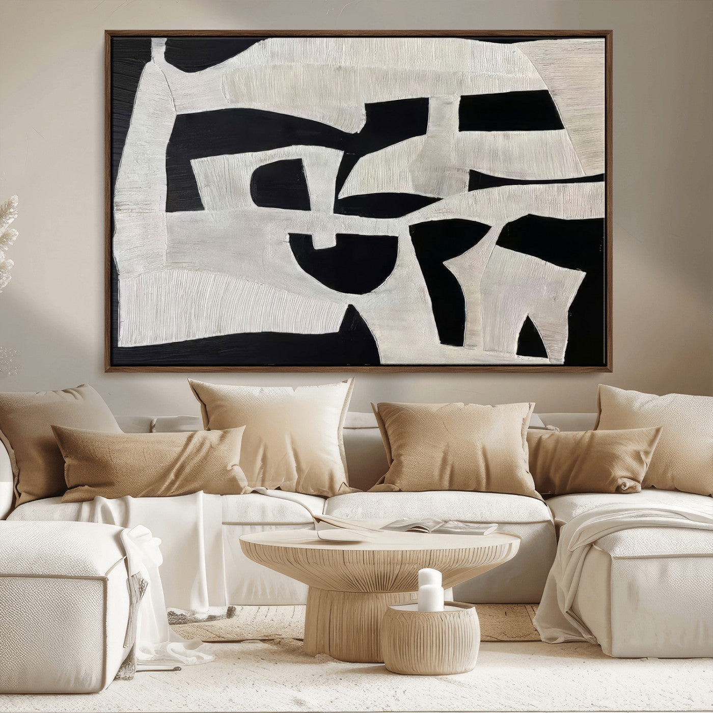Minimalist black and white canvas featuring bold abstract textures and geometric shapes, ideal for modern neutral decor.