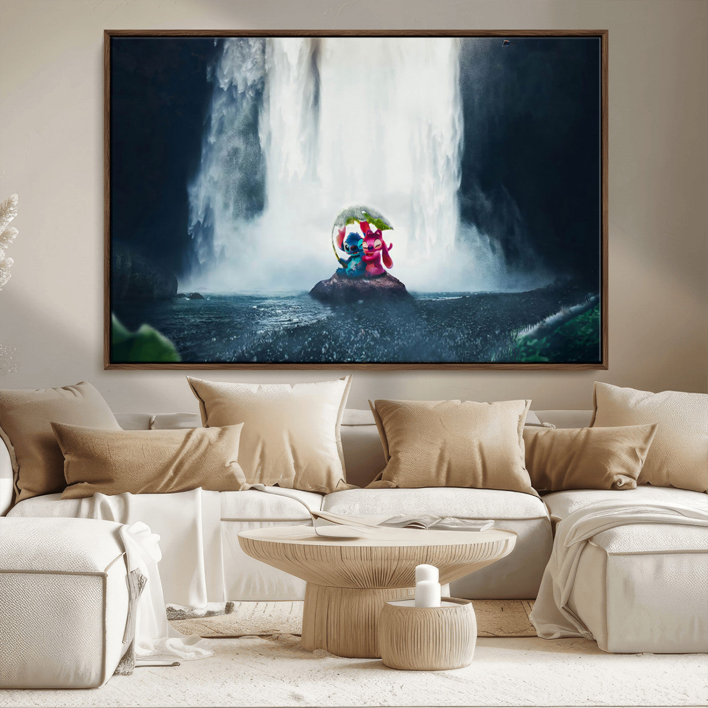 Fantasy canvas of Stitch and Angel under a leaf umbrella in front of a dramatic waterfall, perfect for moody jungle-themed or animated decor.