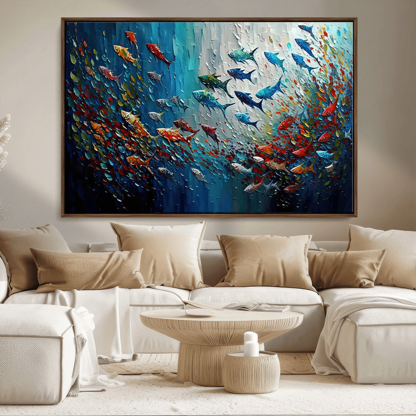 Colorful painting of fish swimming in abstract ocean swirls, perfect for vibrant marine-themed or expressive coastal home decor.