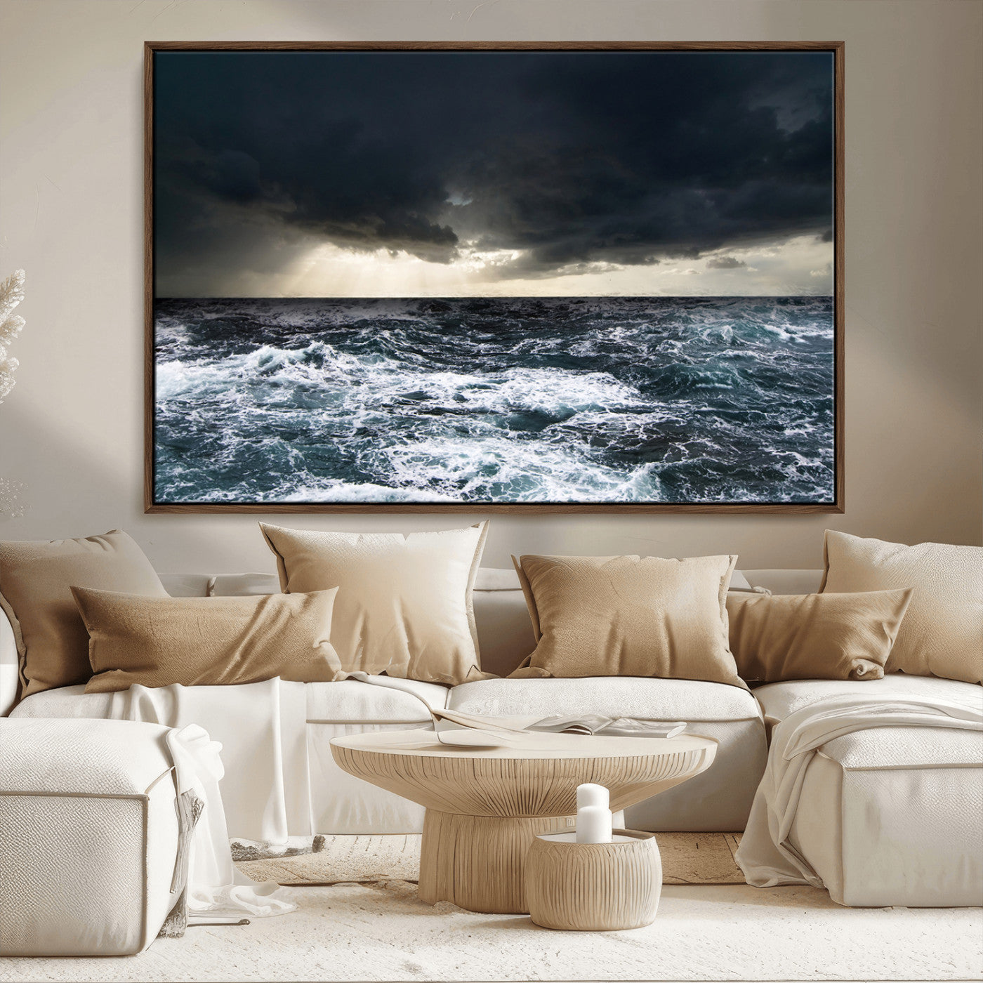 Moody ocean scene with stormy skies and crashing waves, perfect for dramatic or coastal-style home wall decor.